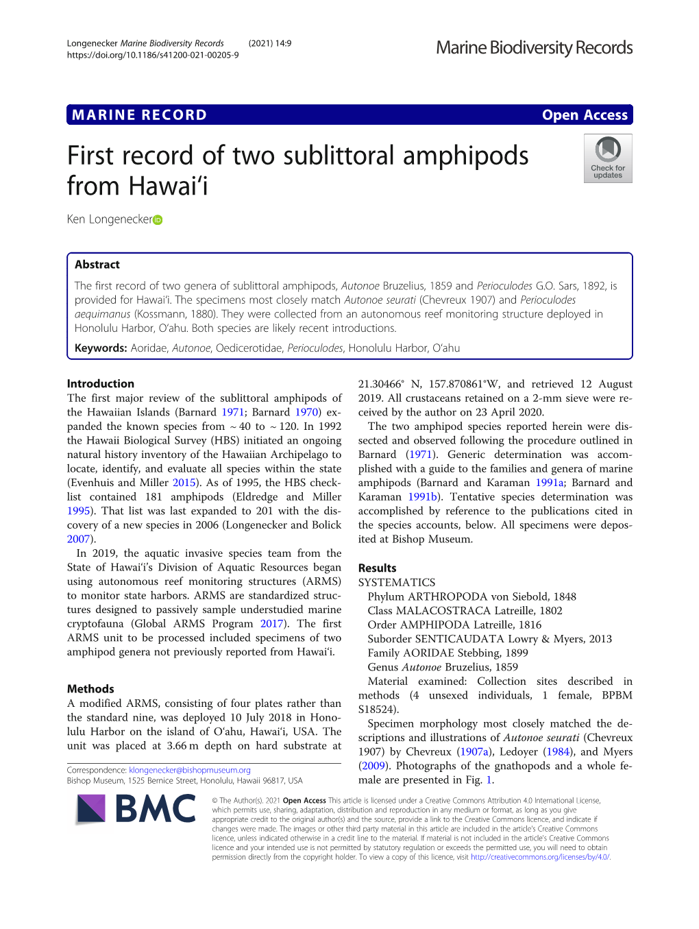 First Record of Two Sublittoral Amphipods from Hawai'i