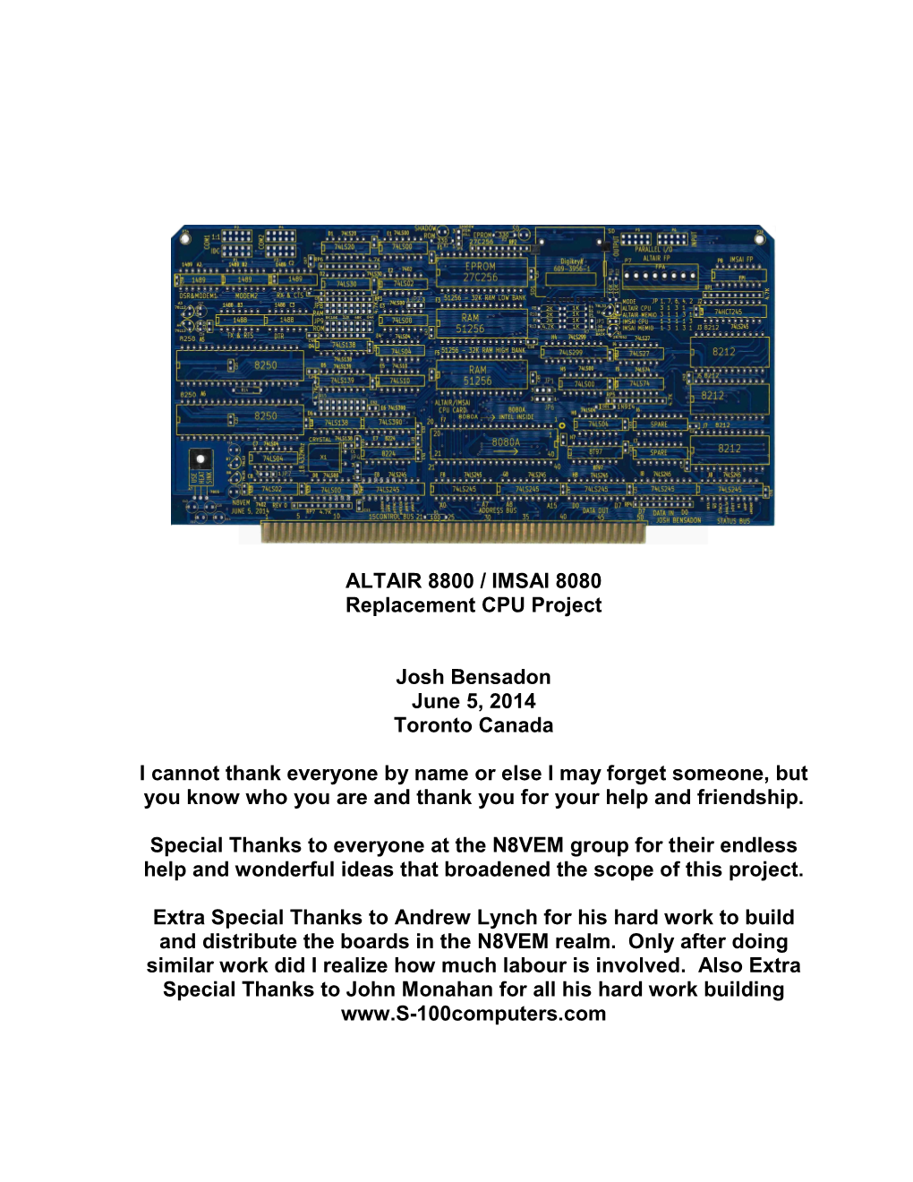 ALTAIR 8800 / IMSAI 8080 Replacement CPU Project Josh