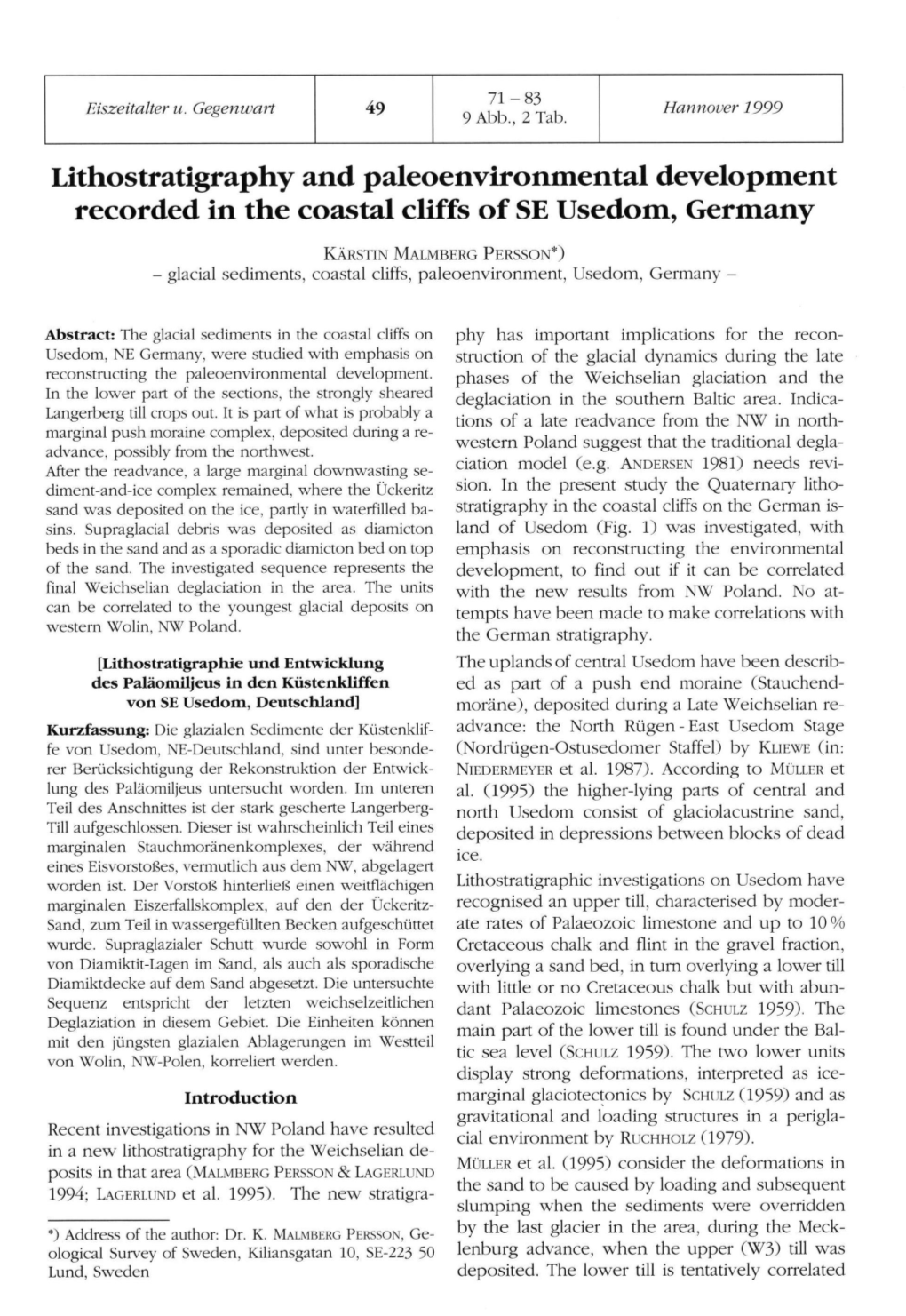 Lithostratigraphy and Paleoenvironmental Development Recorded in the Coastal Cliffs of SE Usedom, Germany