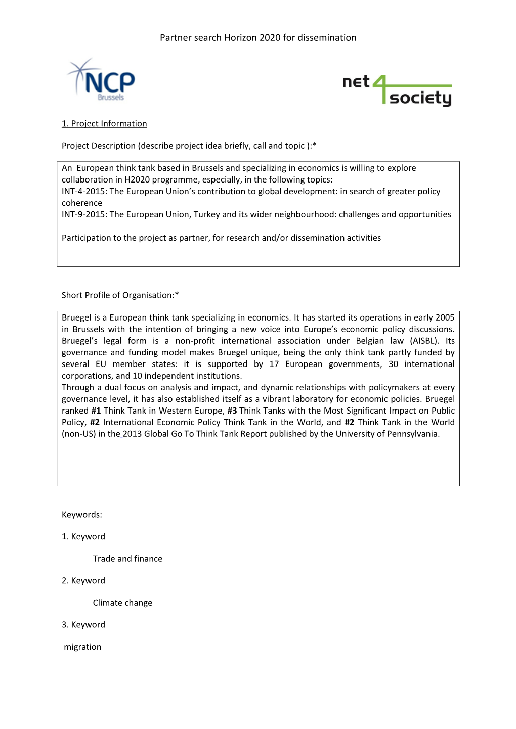 Partner Search Horizon 2020 for Dissemination