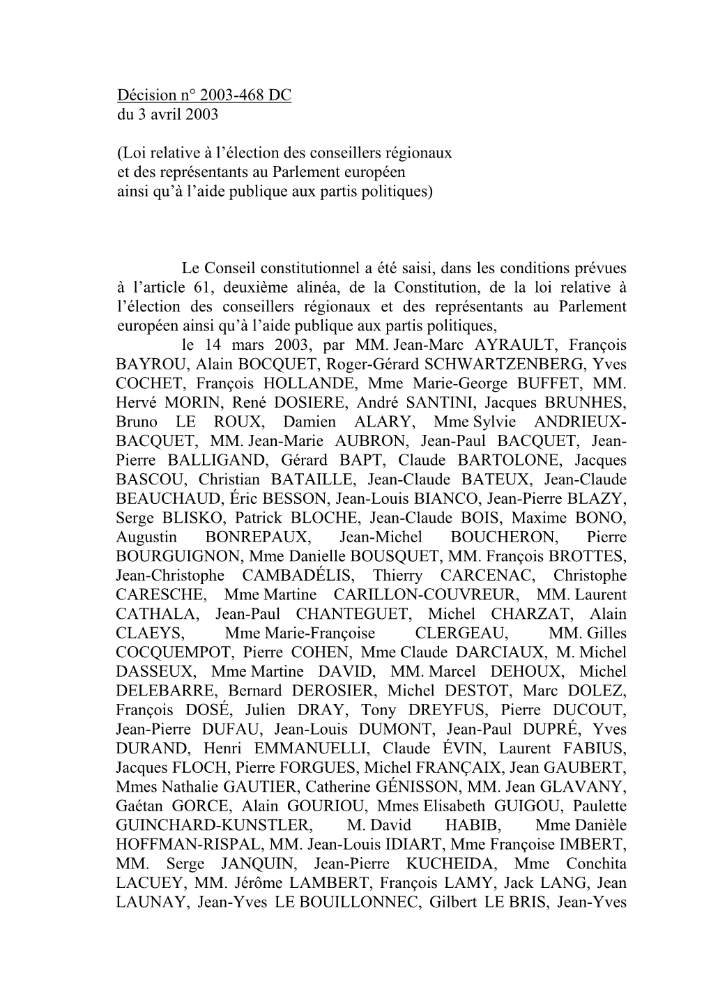 Décision N° 2003-468 DC Du 3 Avril 2003 -Loi Relative À L'élection Des