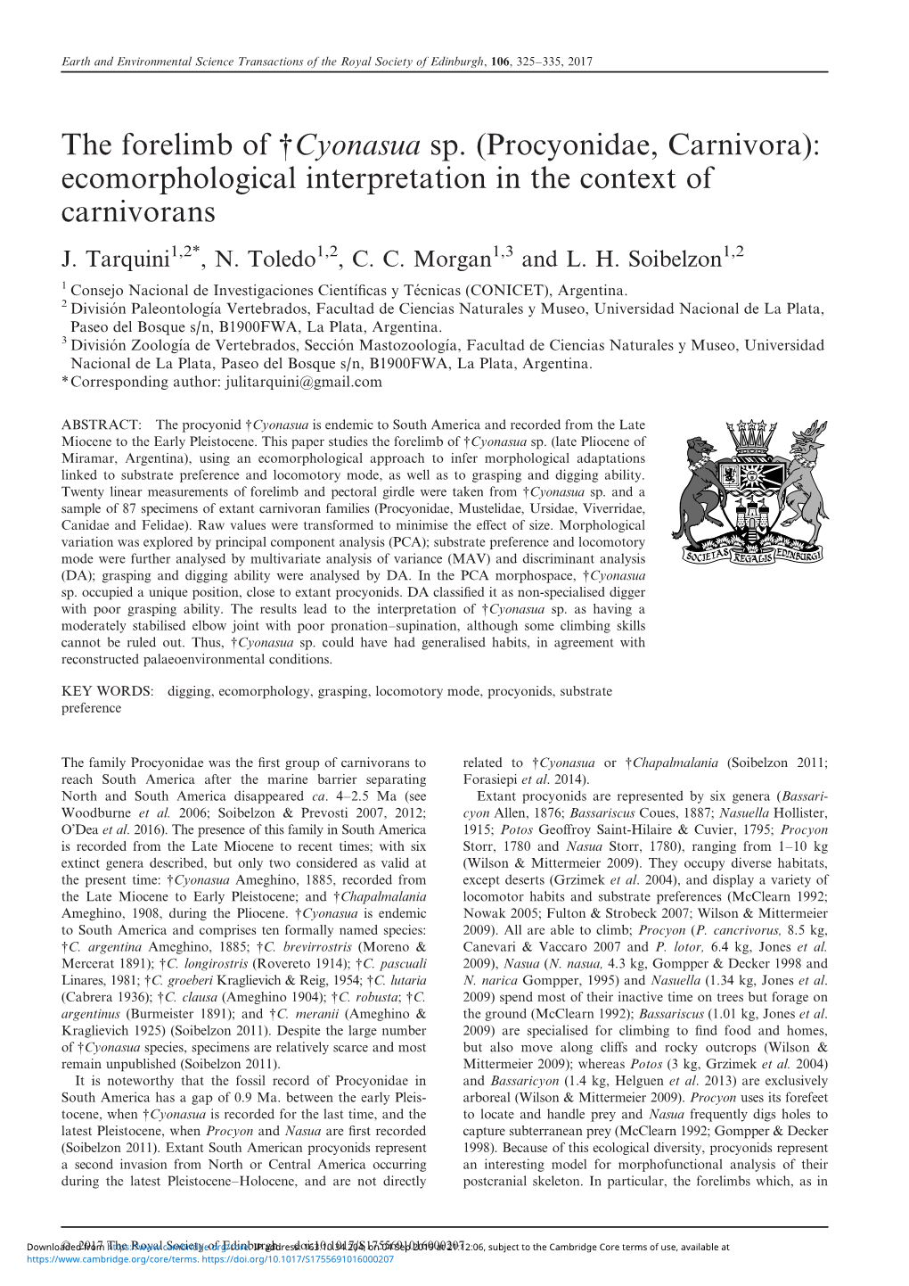 The Forelimb of †Cyonasua Sp. (Procyonidae, Carnivora): Ecomorphological Interpretation in the Context of Carnivorans J