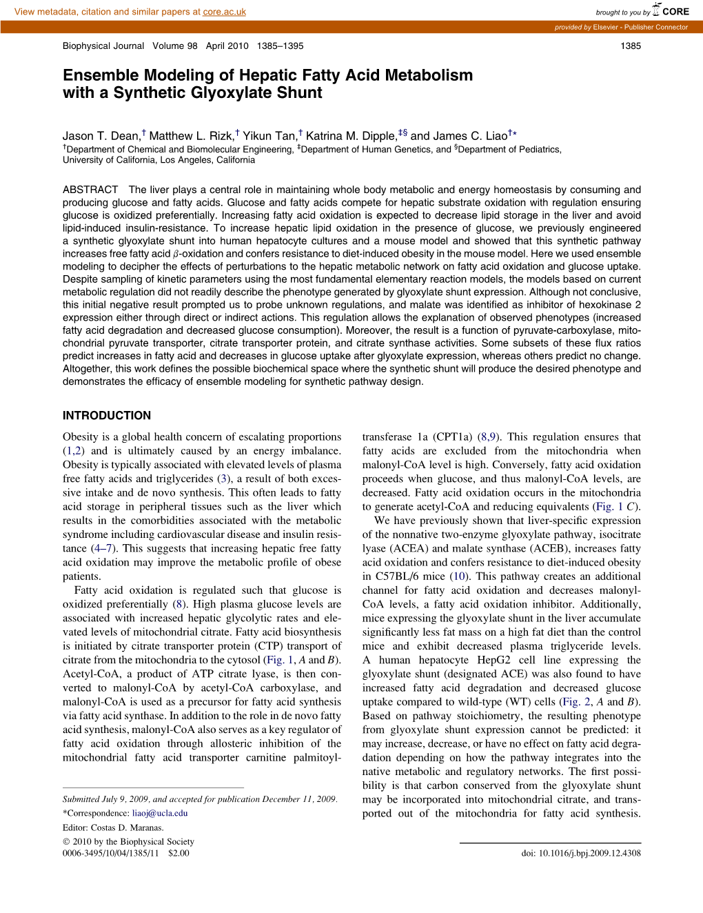 Ensemble Modeling of Hepatic Fatty Acid Metabolism with a Synthetic Glyoxylate Shunt