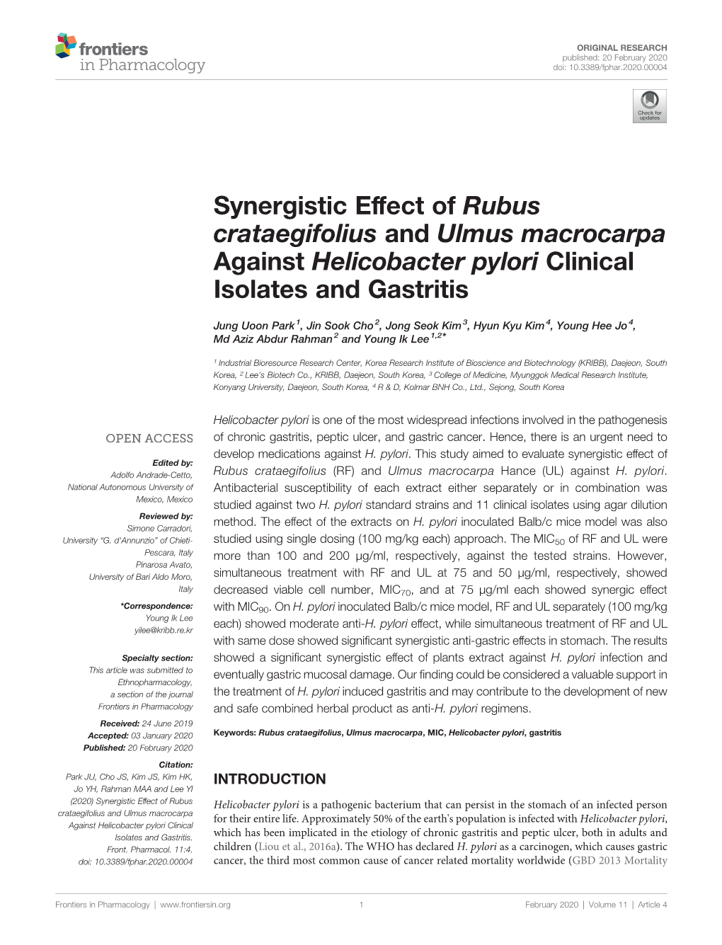 Synergistic Effect of Rubus Crataegifolius and Ulmus Macrocarpa Against Helicobacter Pylori Clinical Isolates and Gastritis