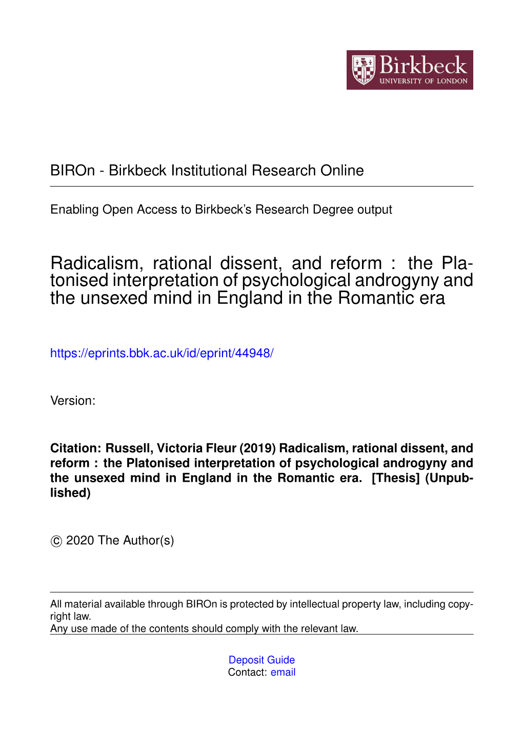 Radicalism, Rational Dissent, and Reform : the Pla- Tonised Interpretation of Psychological Androgyny and the Unsexed Mind in England in the Romantic Era