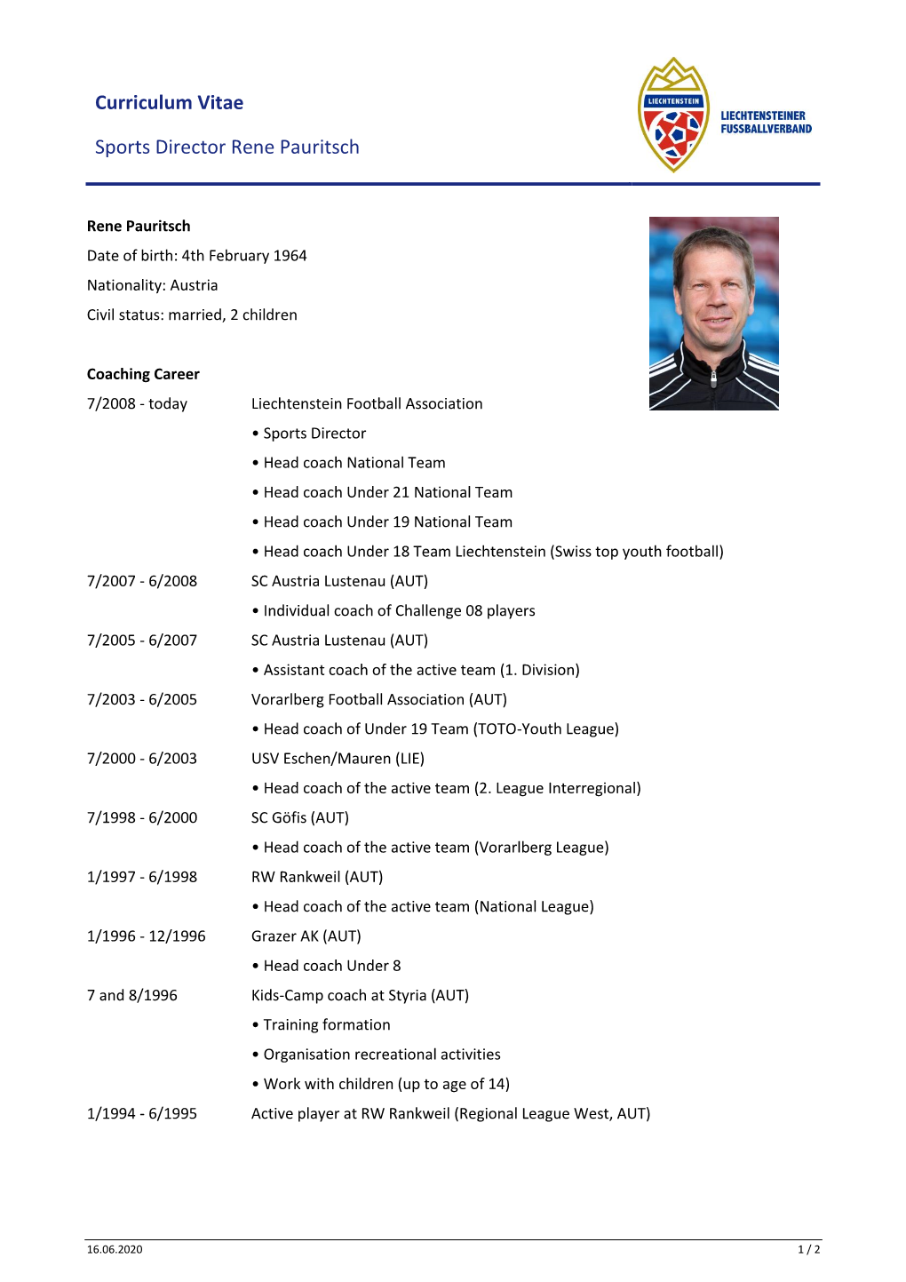 Curriculum Vitae Sports Director Rene Pauritsch