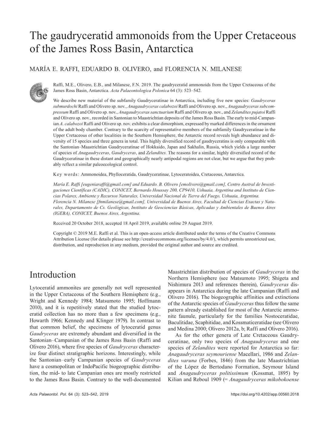 The Gaudryceratid Ammonoids from the Upper Cretaceous of the James Ross Basin, Antarctica