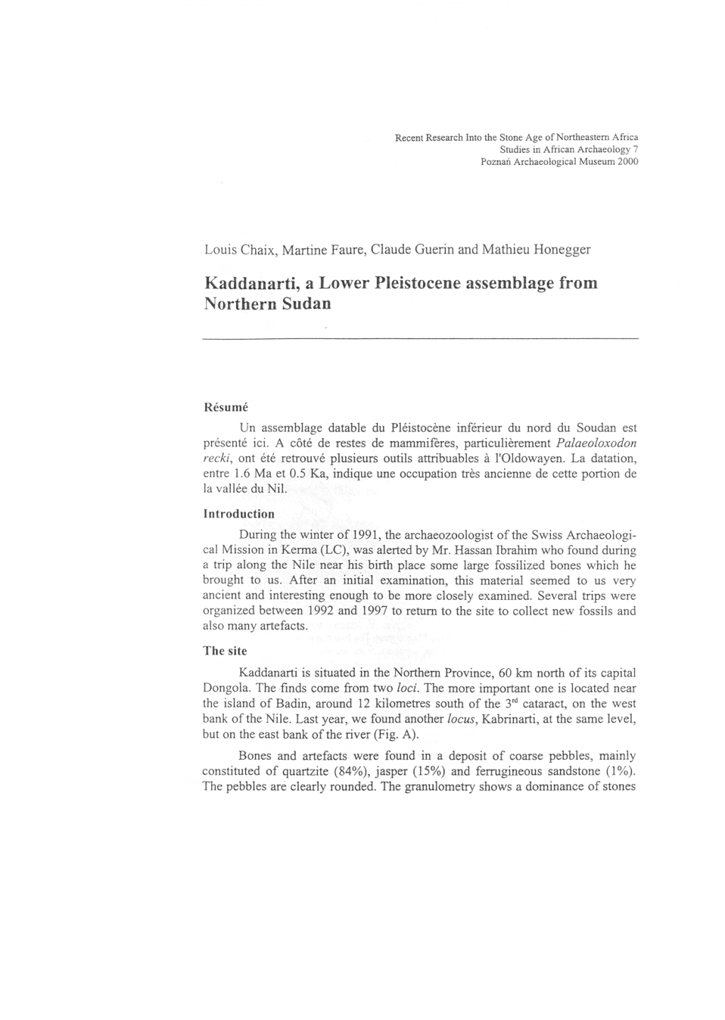 Kaddanarti, a Lower Pleistocene Assemblage from Northern Sudan