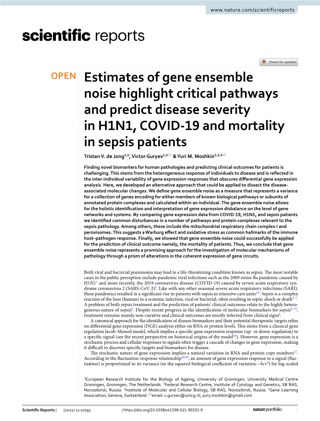 Estimates of Gene Ensemble Noise Highlight Critical Pathways and Predict Disease Severity in H1N1, COVID‑19 and Mortality in Sepsis Patients Tristan V