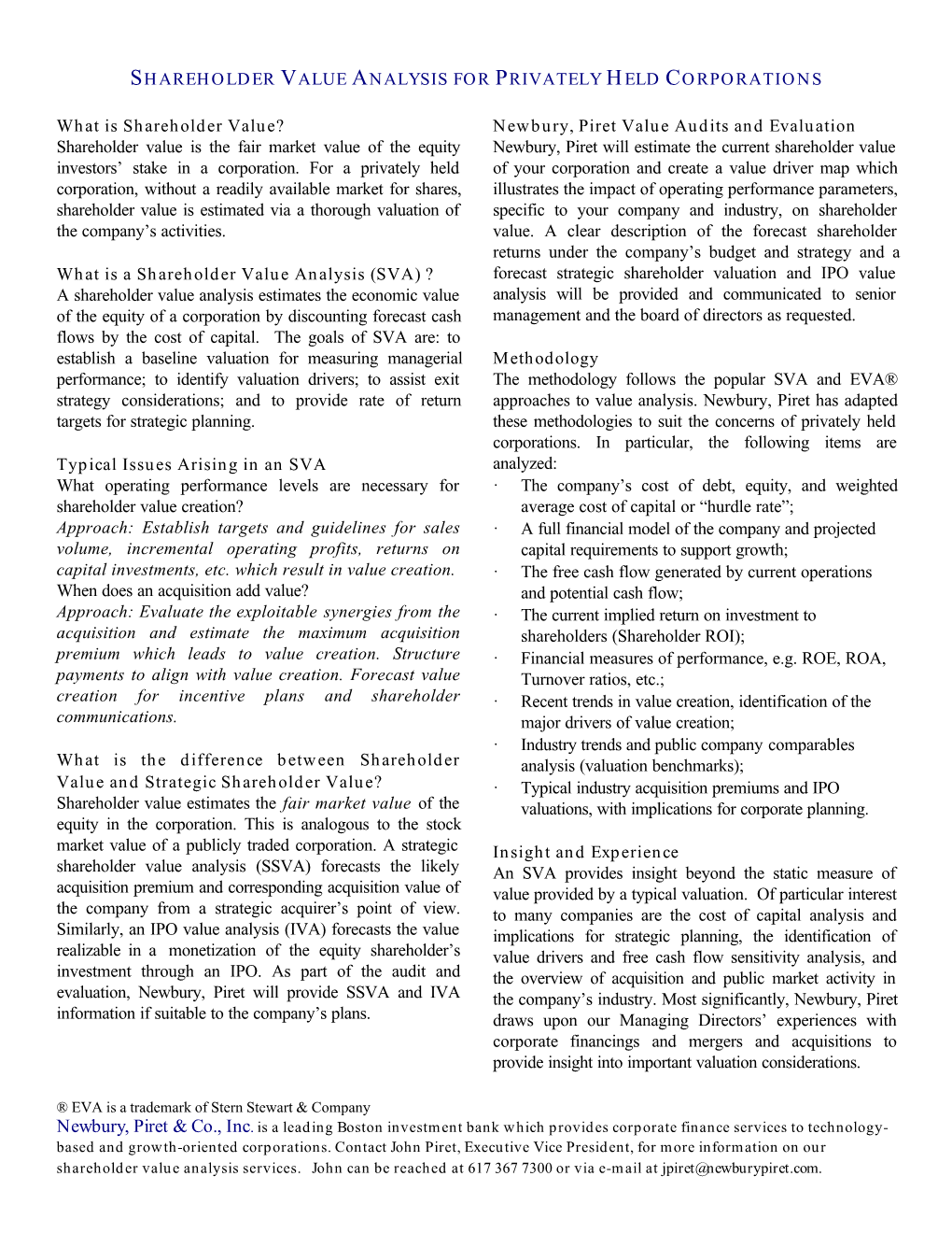 Shareholder Value Analysis for Privately Held Corporations