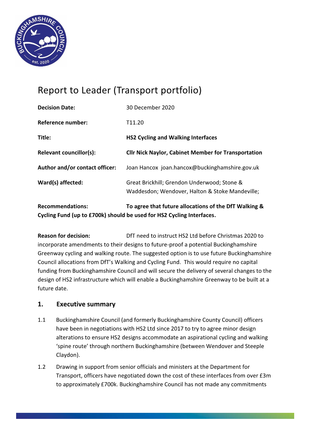 Report to Leader (Transport Portfolio)