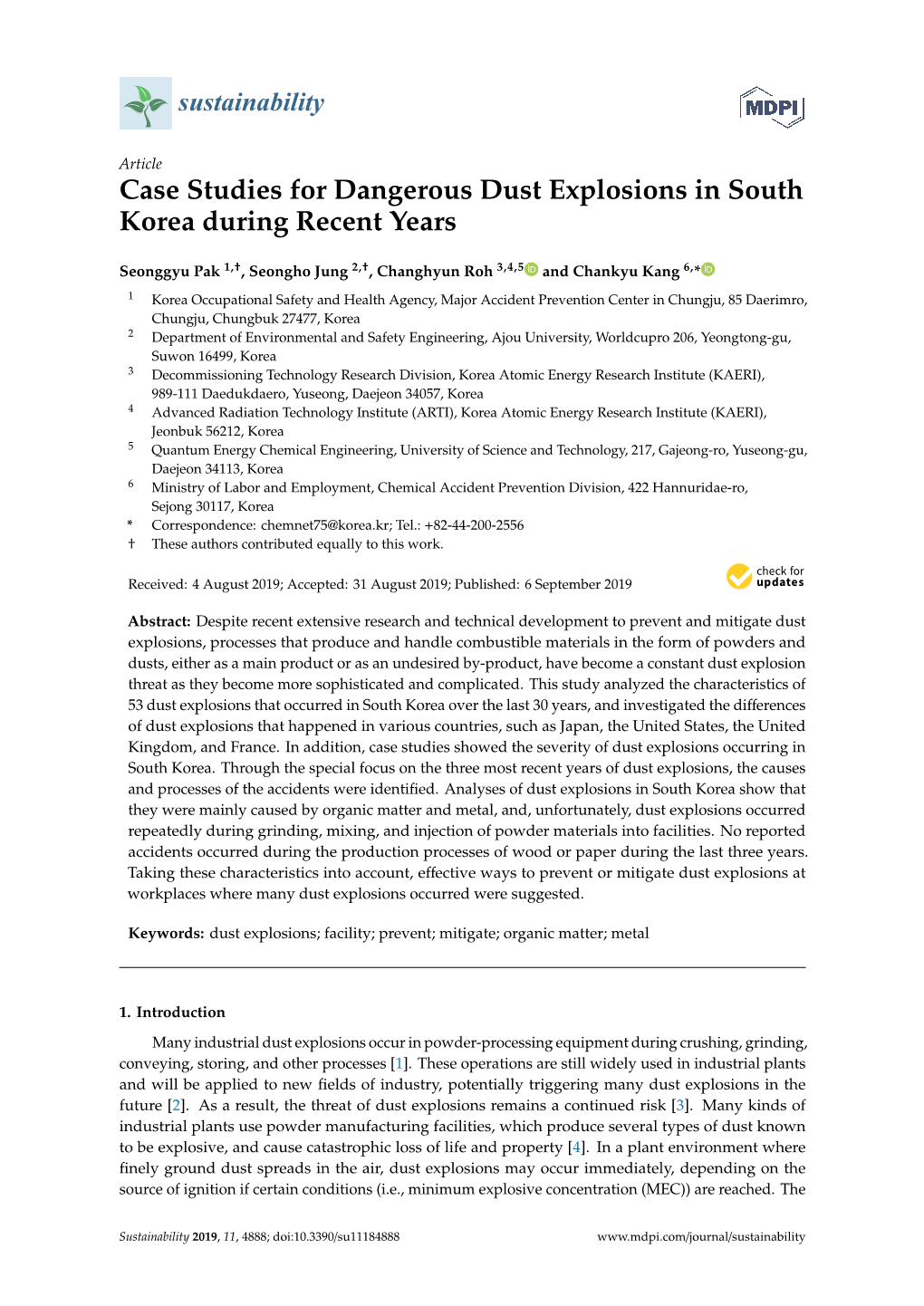 Case Studies for Dangerous Dust Explosions in South Korea During Recent Years