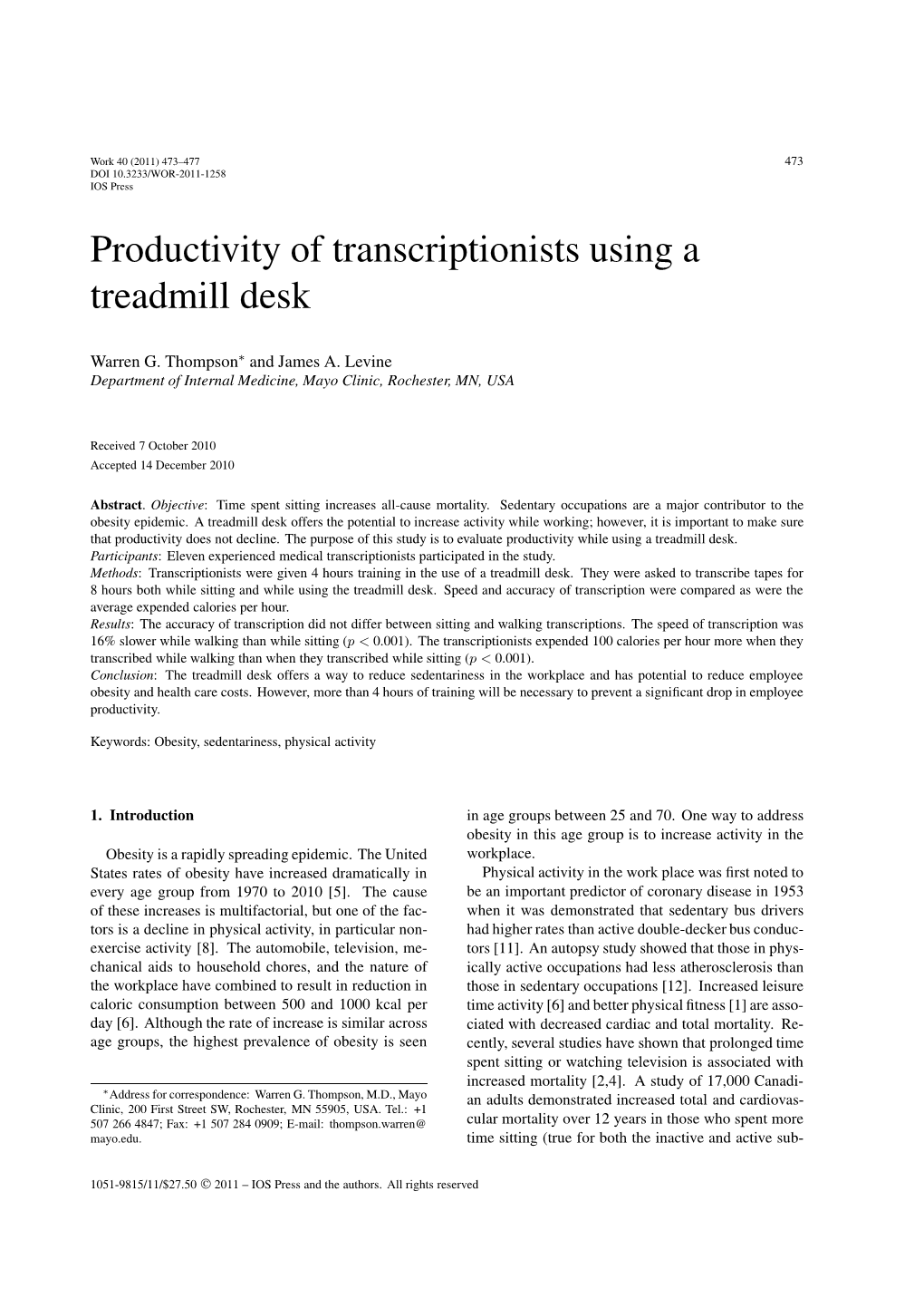 Productivity of Transcriptionists Using a Treadmill Desk