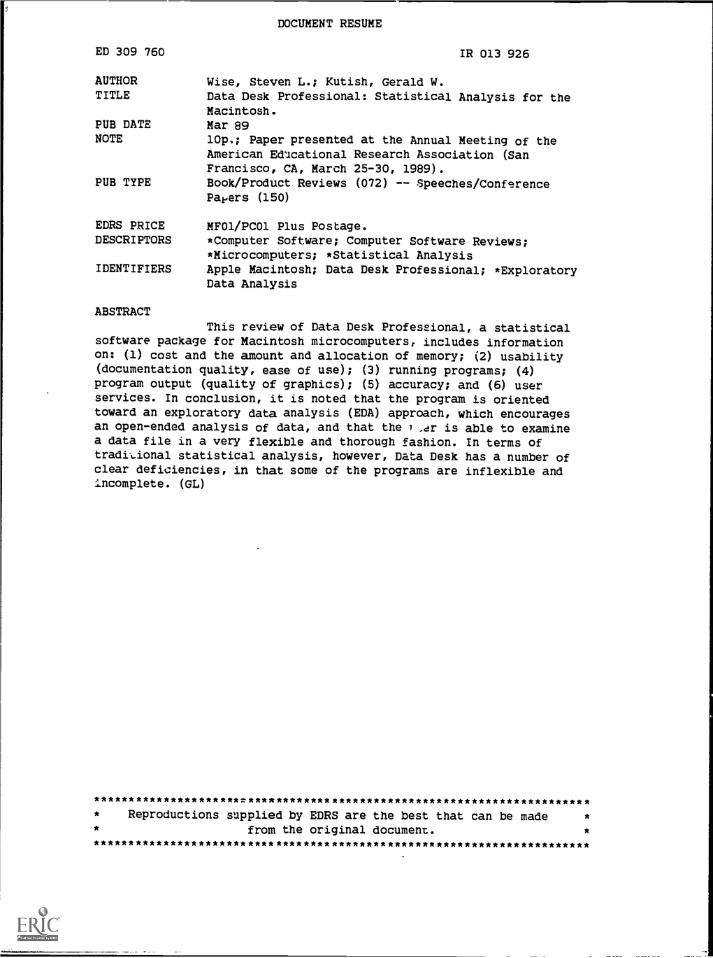 Data Desk Professional: Statistical Analysis for the Macintosh