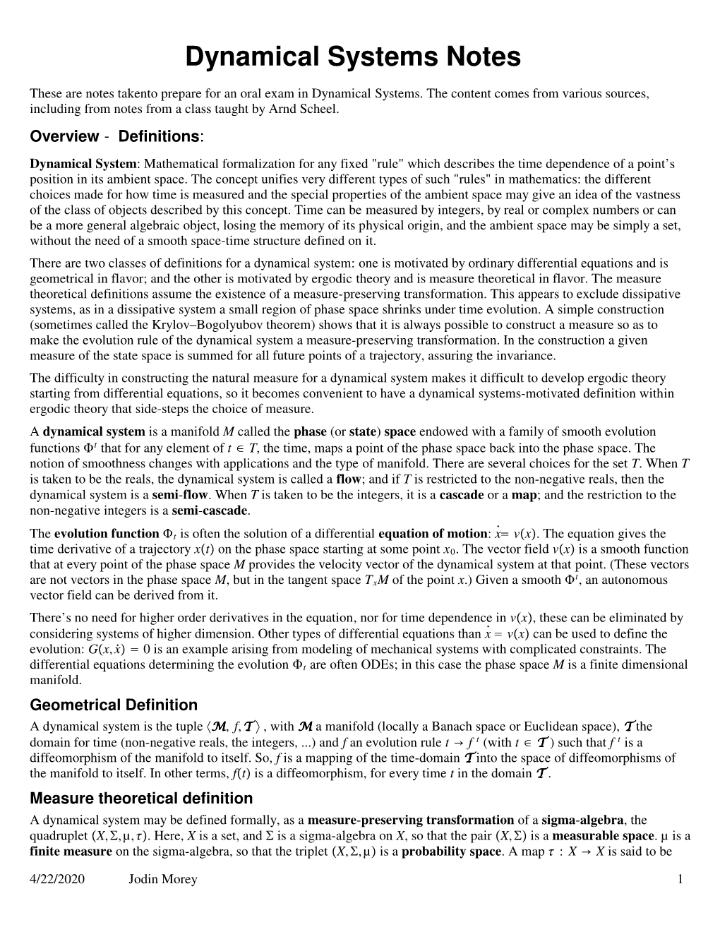 Dynamical Systems Notes