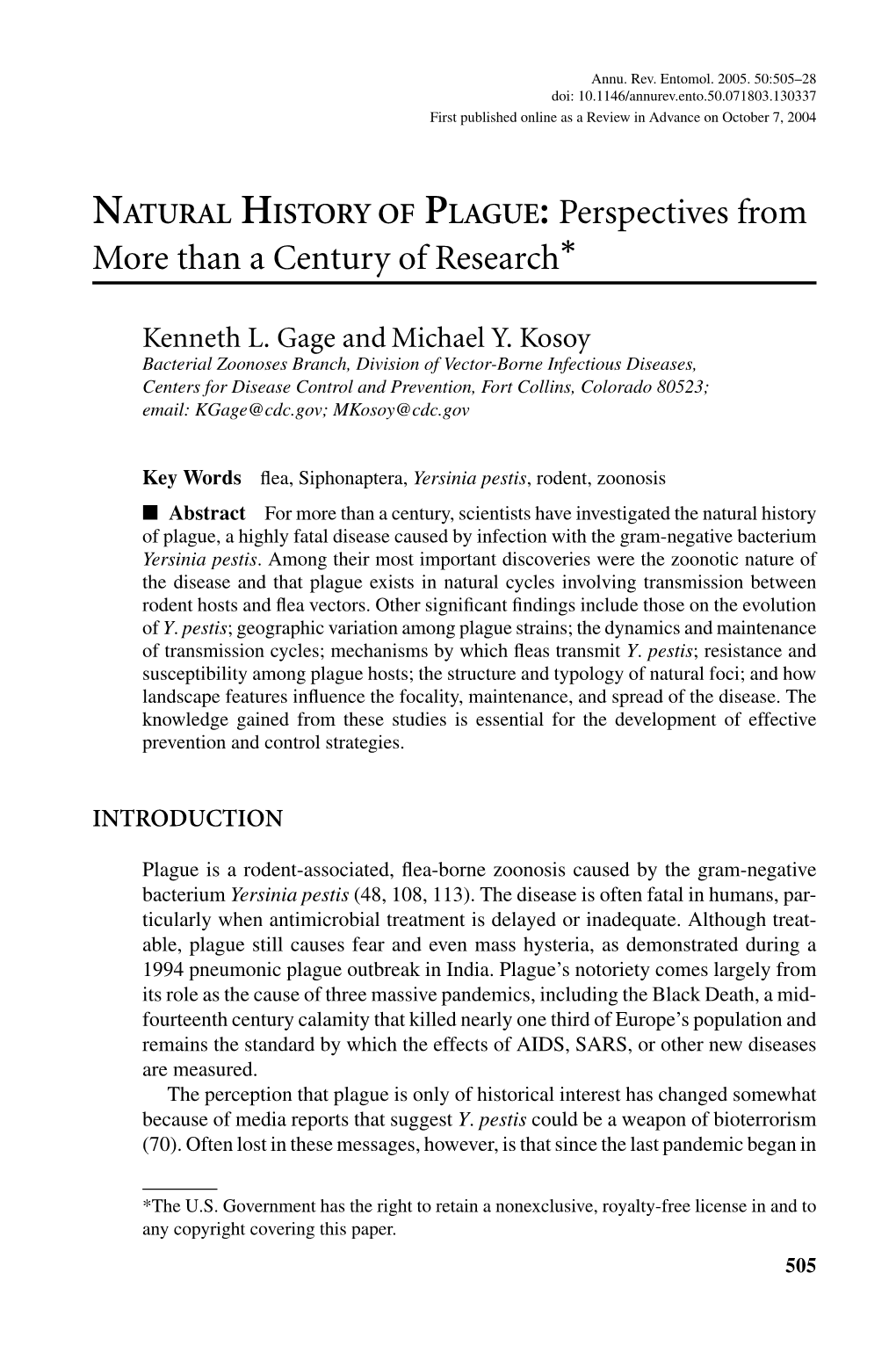 NATURAL HISTORY of PLAGUE: Perspectives from ∗ More Than a Century of Research