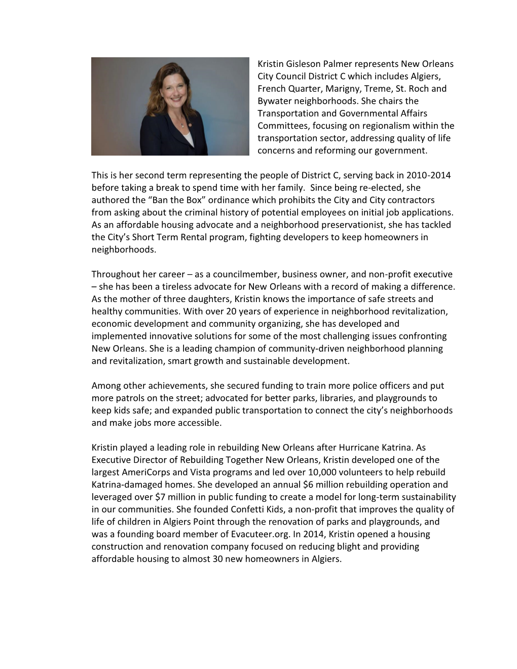 Kristin Gisleson Palmer Represents New Orleans City Council District C Which Includes Algiers, French Quarter, Marigny, Treme, St