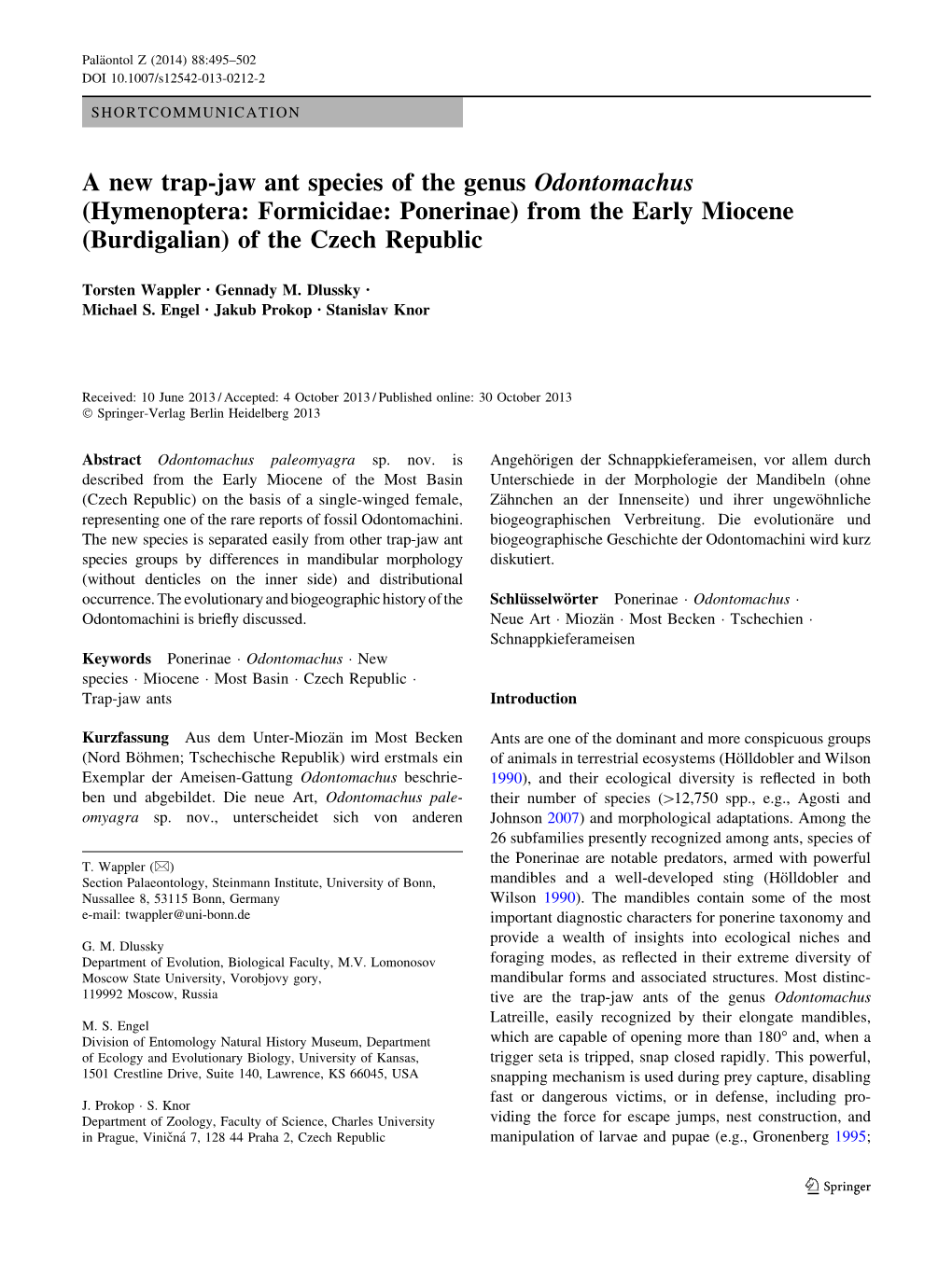 A New Trap-Jaw Ant Species of the Genus Odontomachus (Hymenoptera: Formicidae: Ponerinae) from the Early Miocene (Burdigalian) of the Czech Republic