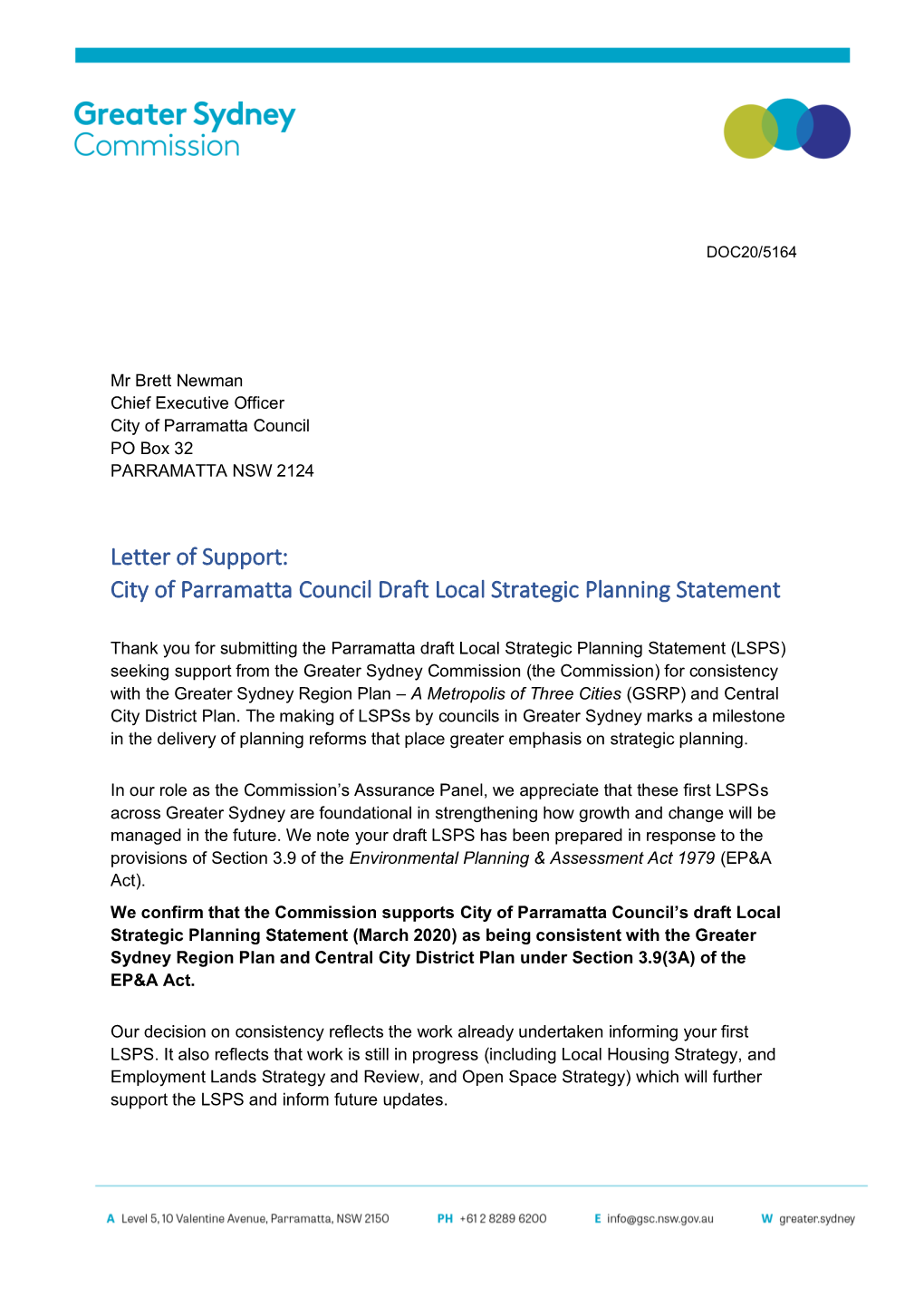 Letter of Support: City of Parramatta Council Draft Local Strategic Planning Statement