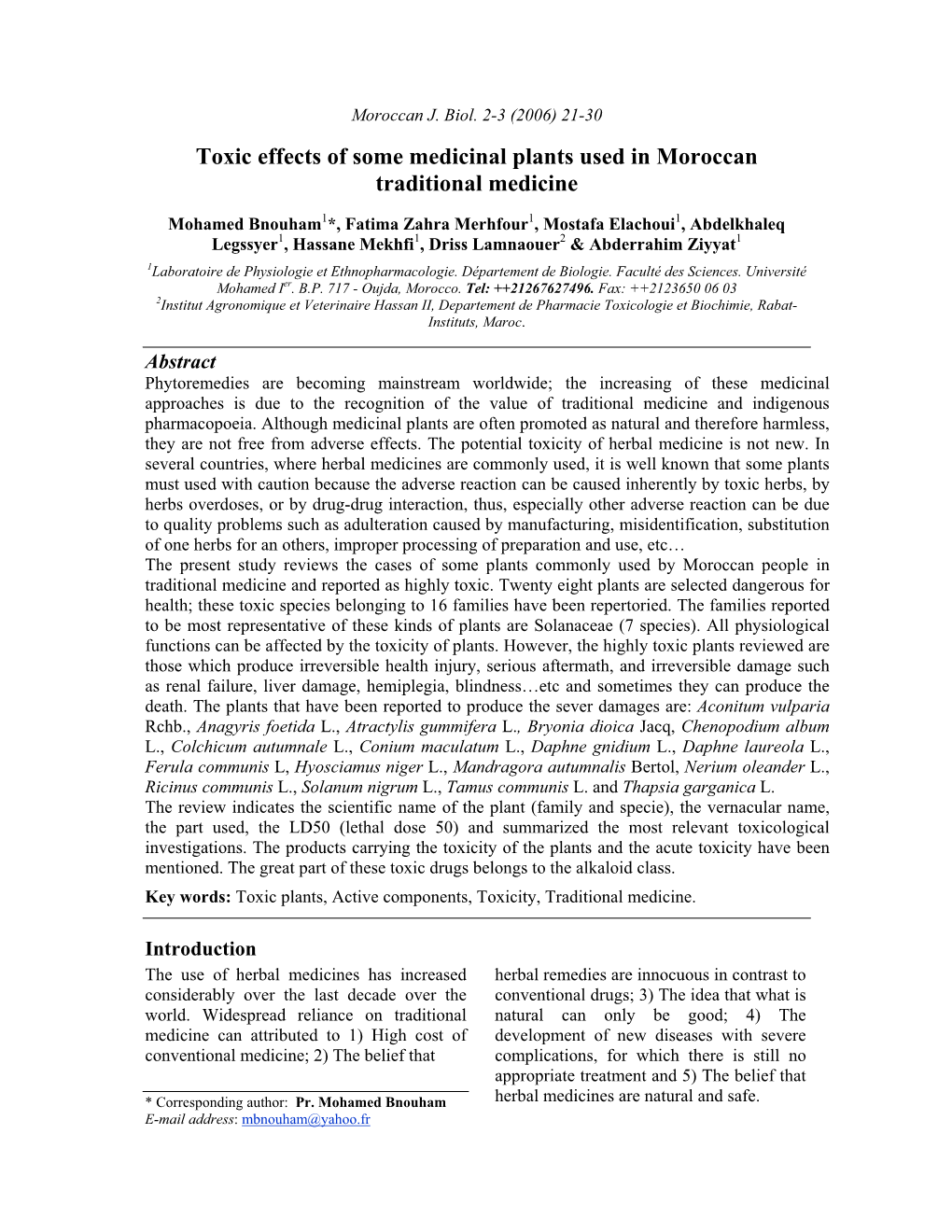 Toxic Effects of Some Medicinal Plants Used in Moroccan Traditional Medicine