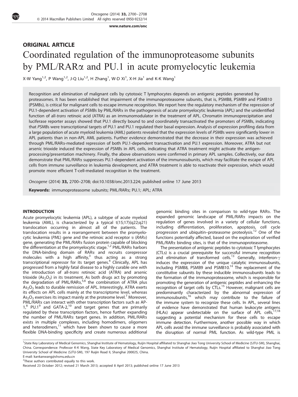 Coordinated Regulation of the Immunoproteasome Subunits by PML/Rara and PU.1 in Acute Promyelocytic Leukemia