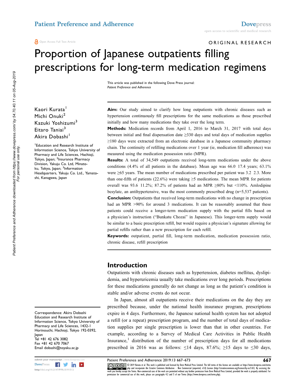 Proportion of Japanese Outpatients Filling Prescriptions for Long-Term Medication Regimens