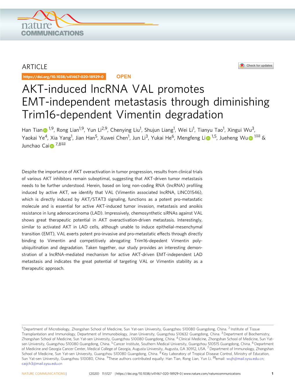 AKT-Induced Lncrna VAL Promotes EMT-Independent Metastasis Through Diminishing Trim16-Dependent Vimentin Degradation