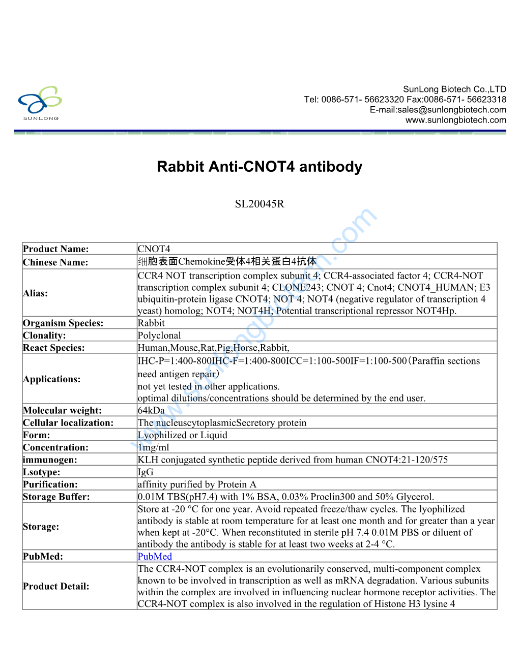 Rabbit Anti-CNOT4 Antibody-SL20045R