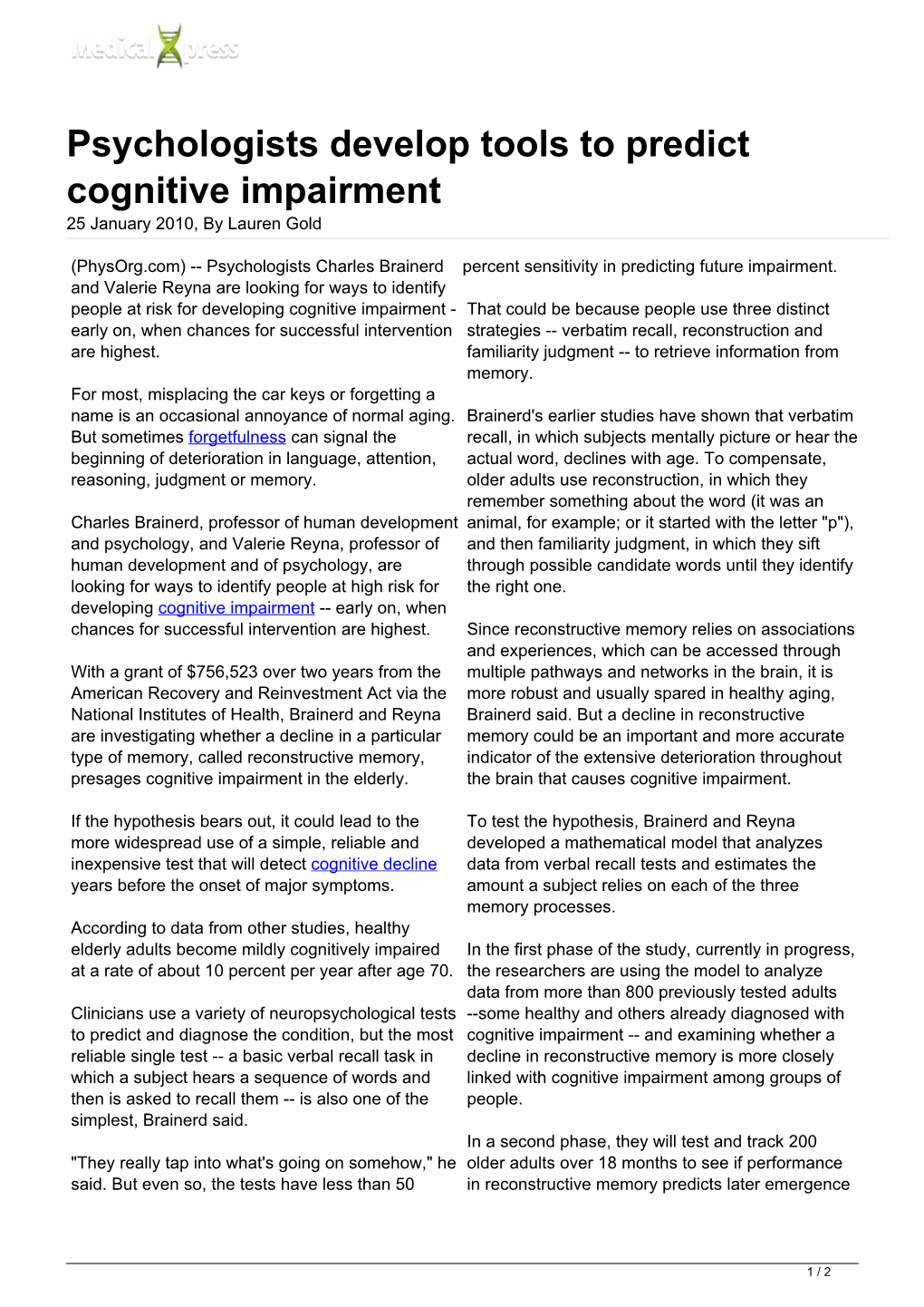 Psychologists Develop Tools to Predict Cognitive Impairment 25 January 2010, by Lauren Gold