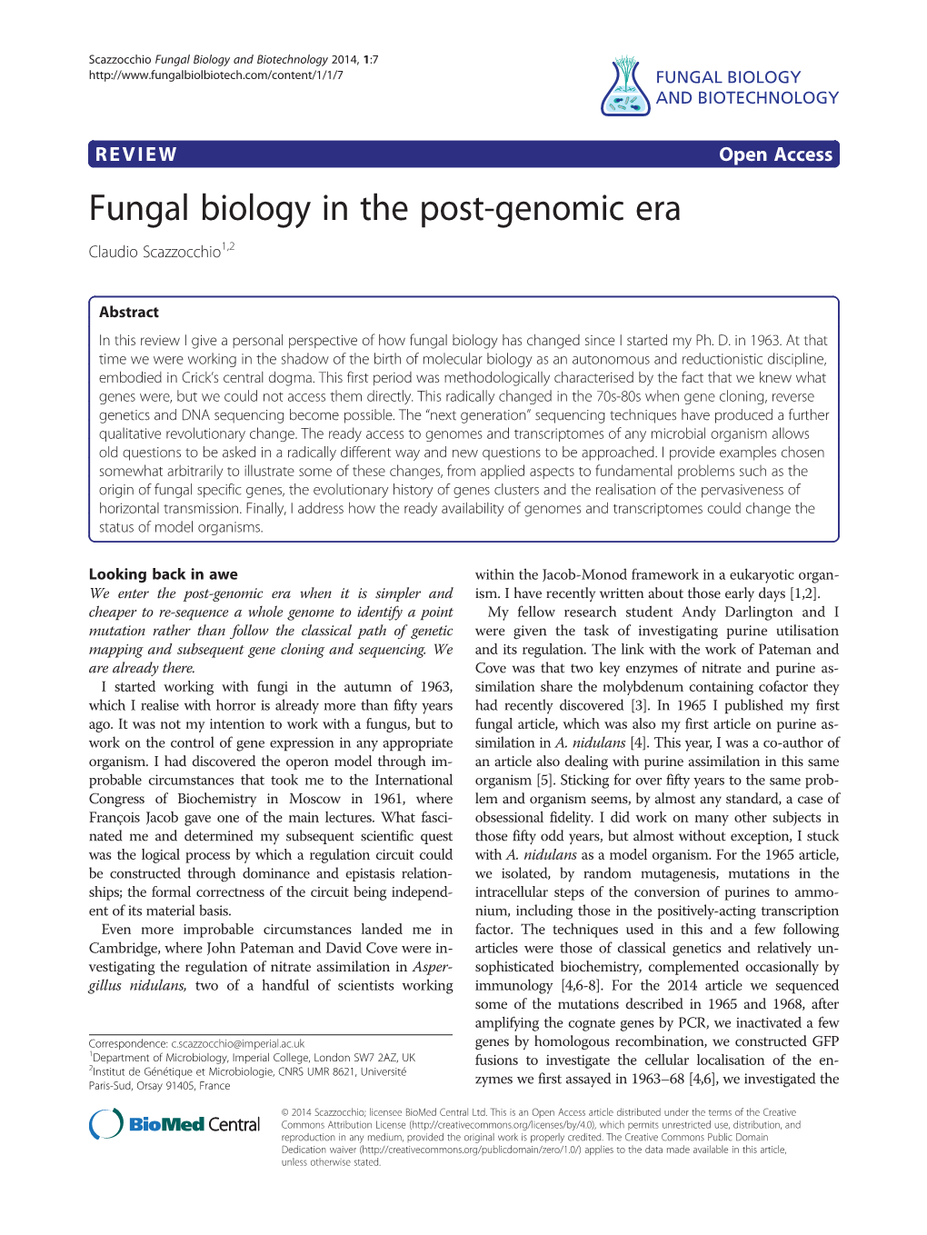 Fungal Biology in the Post-Genomic Era Claudio Scazzocchio1,2