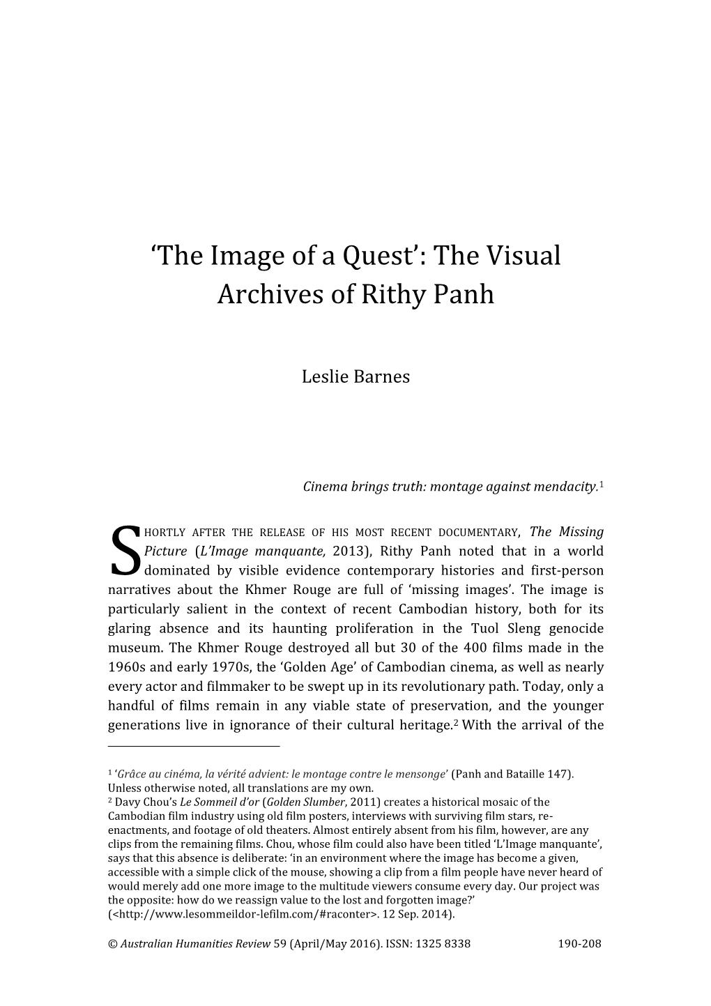 'The Image of a Quest': the Visual Archives of Rithy Panh