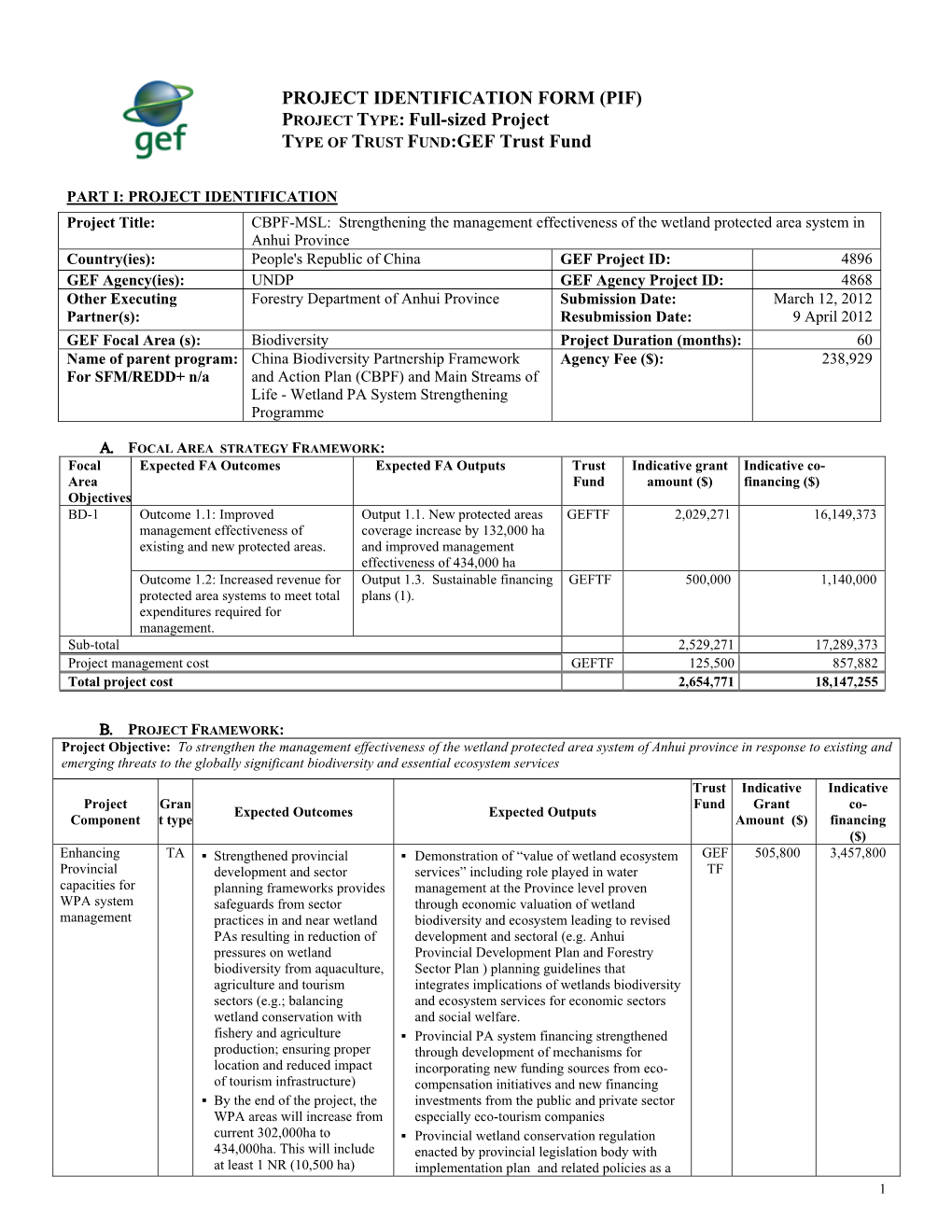 PROJECT IDENTIFICATION FORM (PIF) PROJECT TYPE: Full-Sized Project TYPE of TRUST FUND:GEF Trust Fund