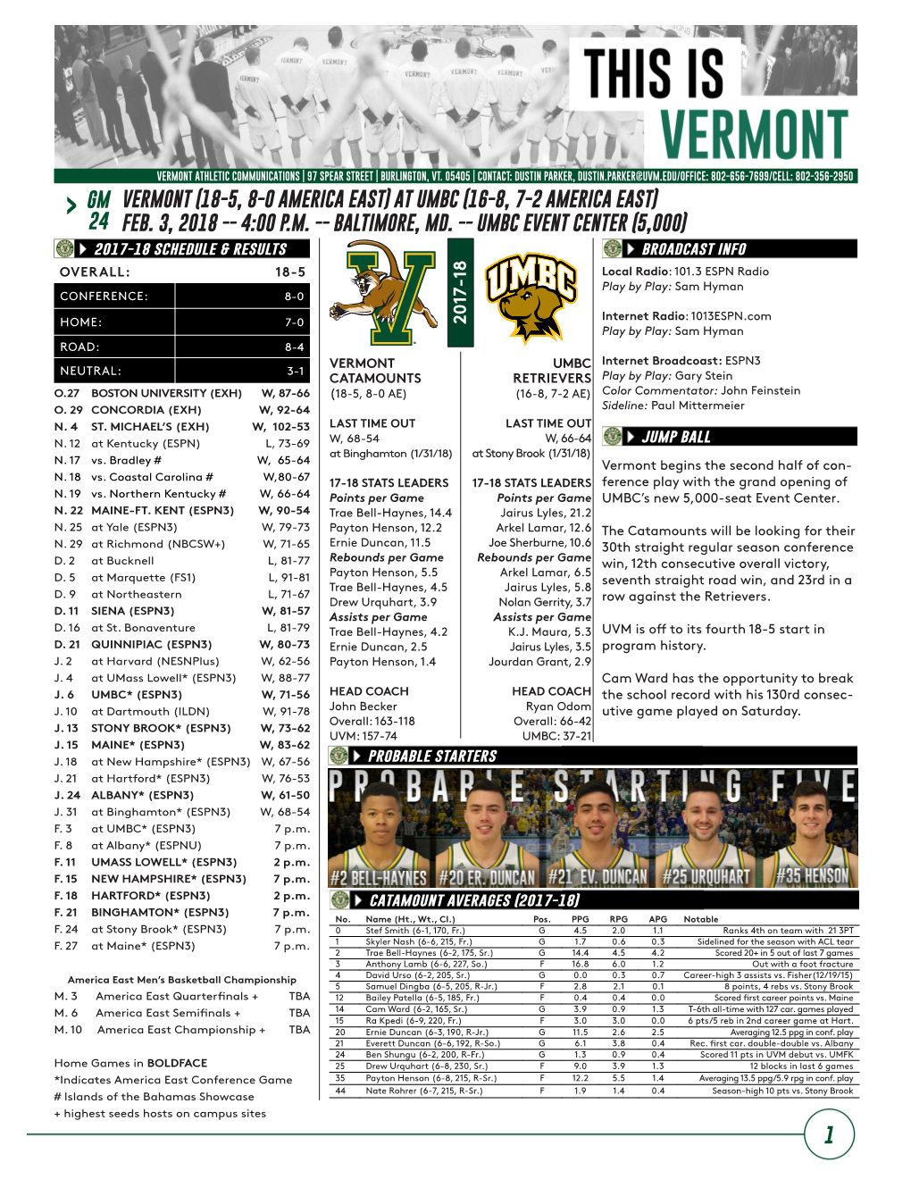 1 2 0 17-18 Gm 24 Vermont (18-5, 8-0 America East) at Umbc (16