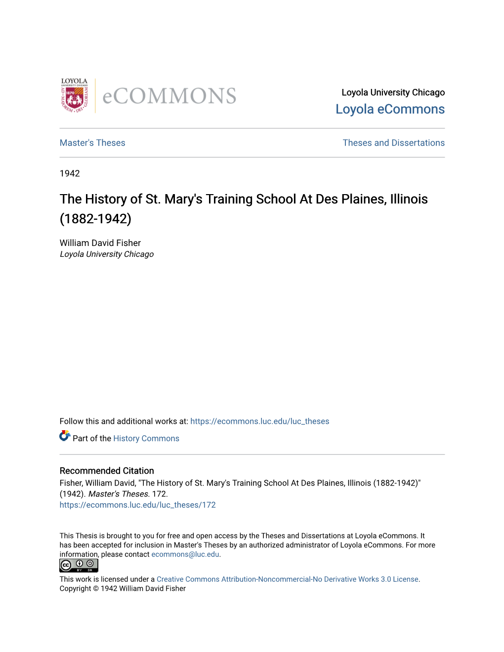 The History of St. Mary's Training School at Des Plaines, Illinois (1882-1942)