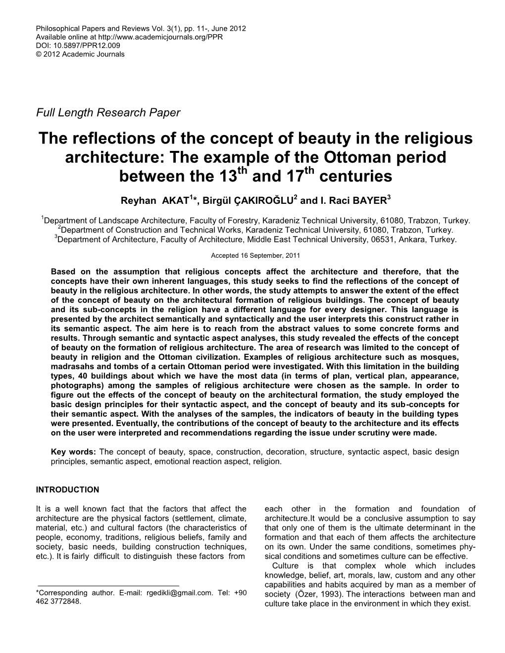 The Reflections of the Concept of Beauty in the Religious Architecture: the Example of the Ottoman Period Between the 13Th and 17Th Centuries