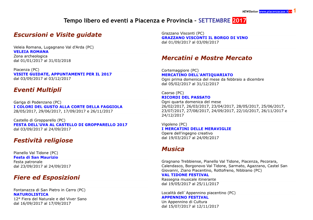 Tempo Libero Ed Eventi a Piacenza E Provincia – SETTEMBRE 2017