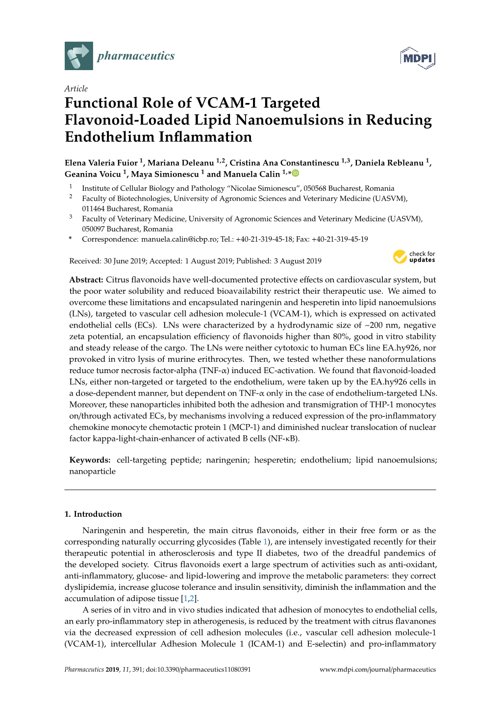 Functional Role of VCAM-1 Targeted Flavonoid-Loaded Lipid Nanoemulsions in Reducing Endothelium Inﬂammation