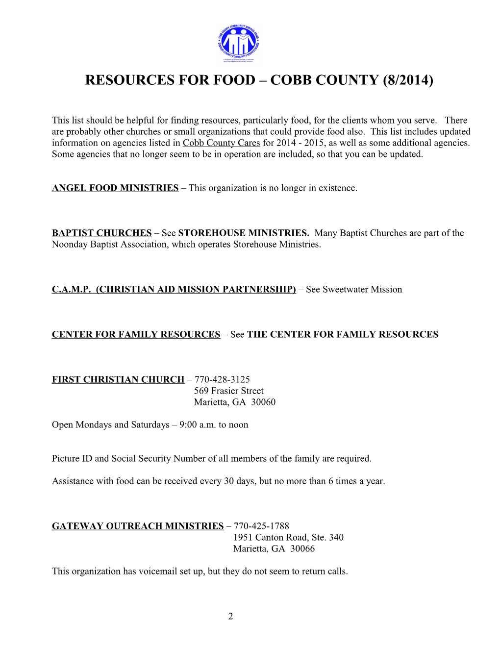 Resources for Food Cobb County (8/2014)