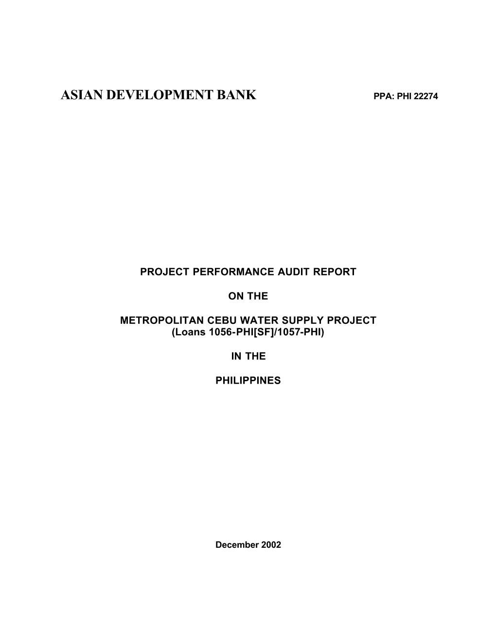 PPAR: Philippines: Metropolitan Cebu Water Supply Project