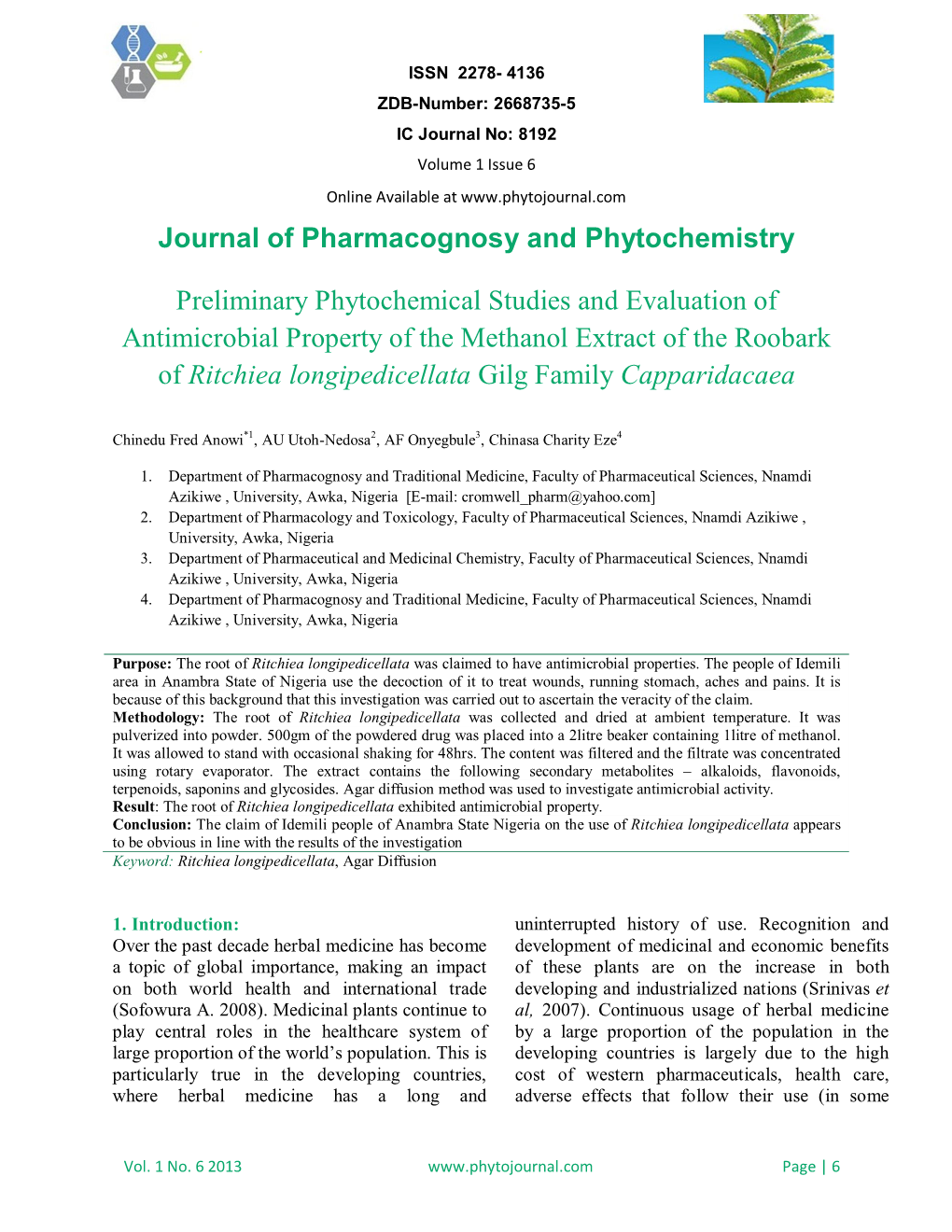 Journal of Pharmacognosy and Phytochemistry Preliminary