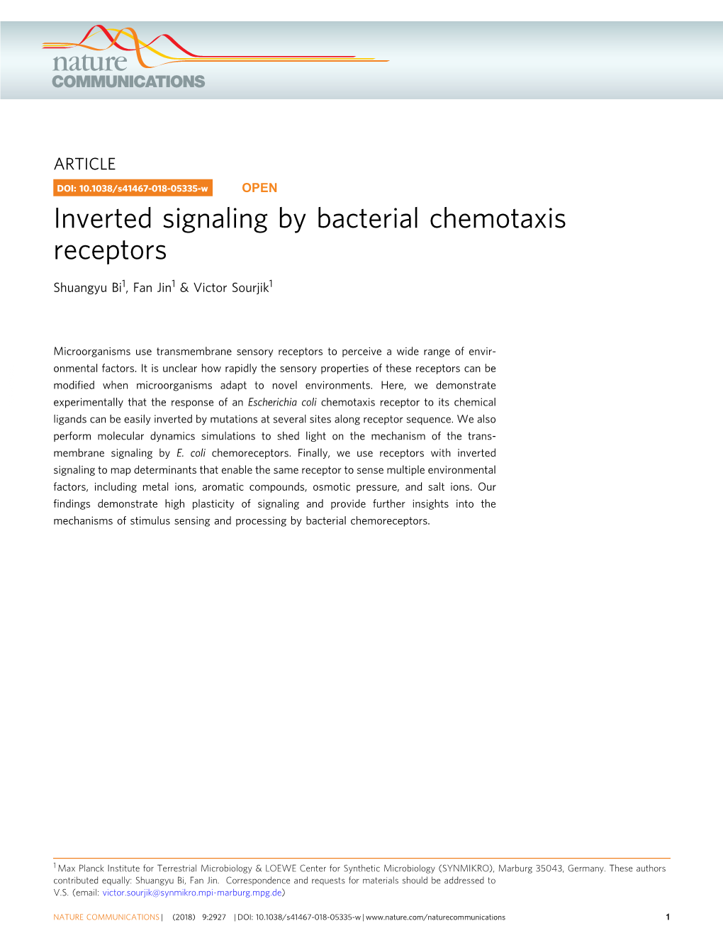 Inverted Signaling by Bacterial Chemotaxis Receptors