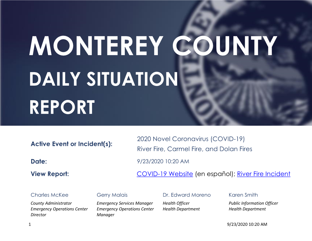 Monterey County Operational Area Daily Situation Report Monterey County Daily Situation