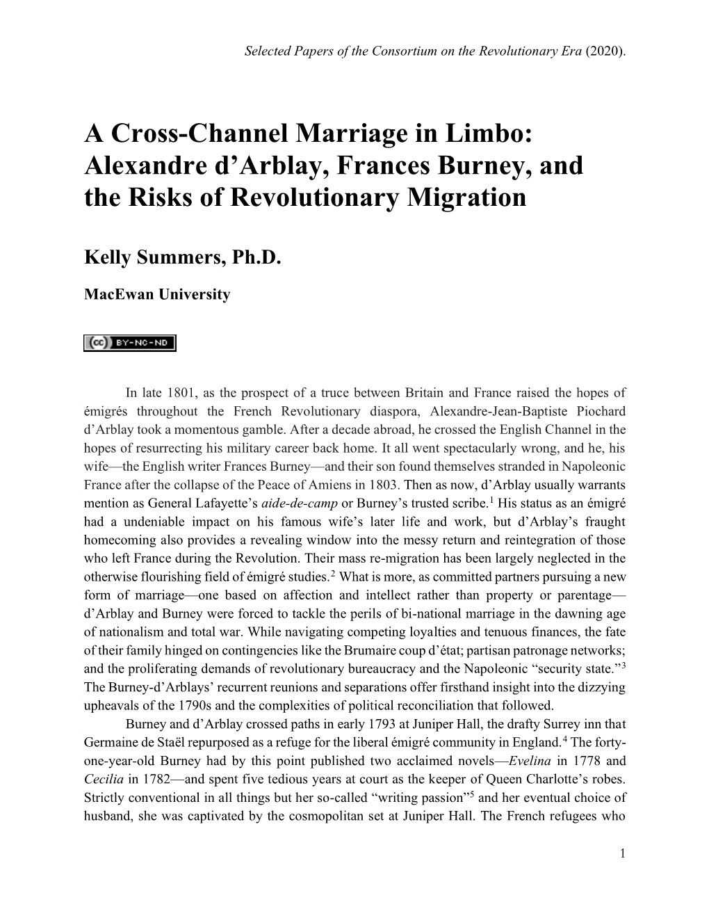 A Cross-Channel Marriage in Limbo: Alexandre D'arblay, Frances Burney, and the Risks of Revolutionary Migration