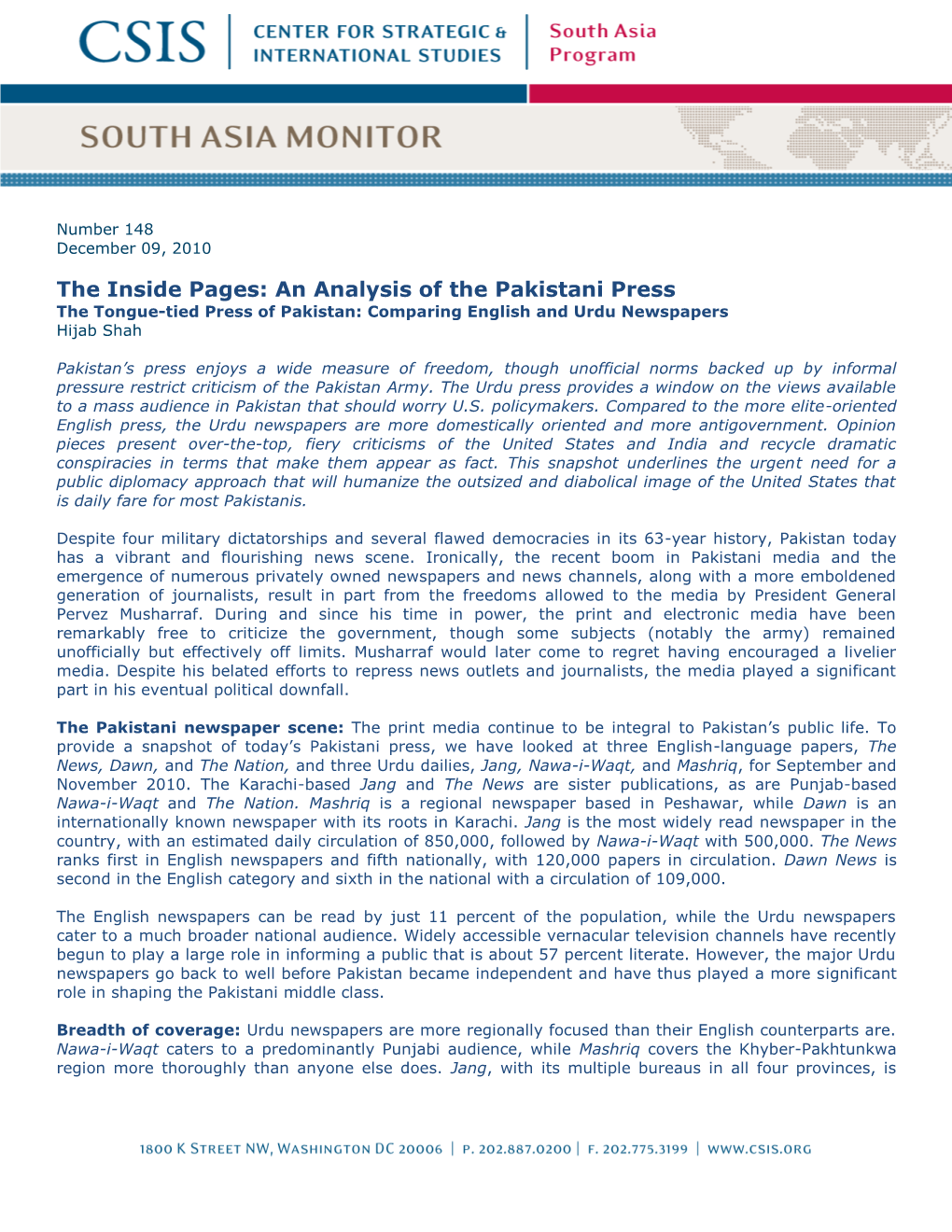 An Analysis of the Pakistani Press the Tongue-Tied Press of Pakistan: Comparing English and Urdu Newspapers Hijab Shah