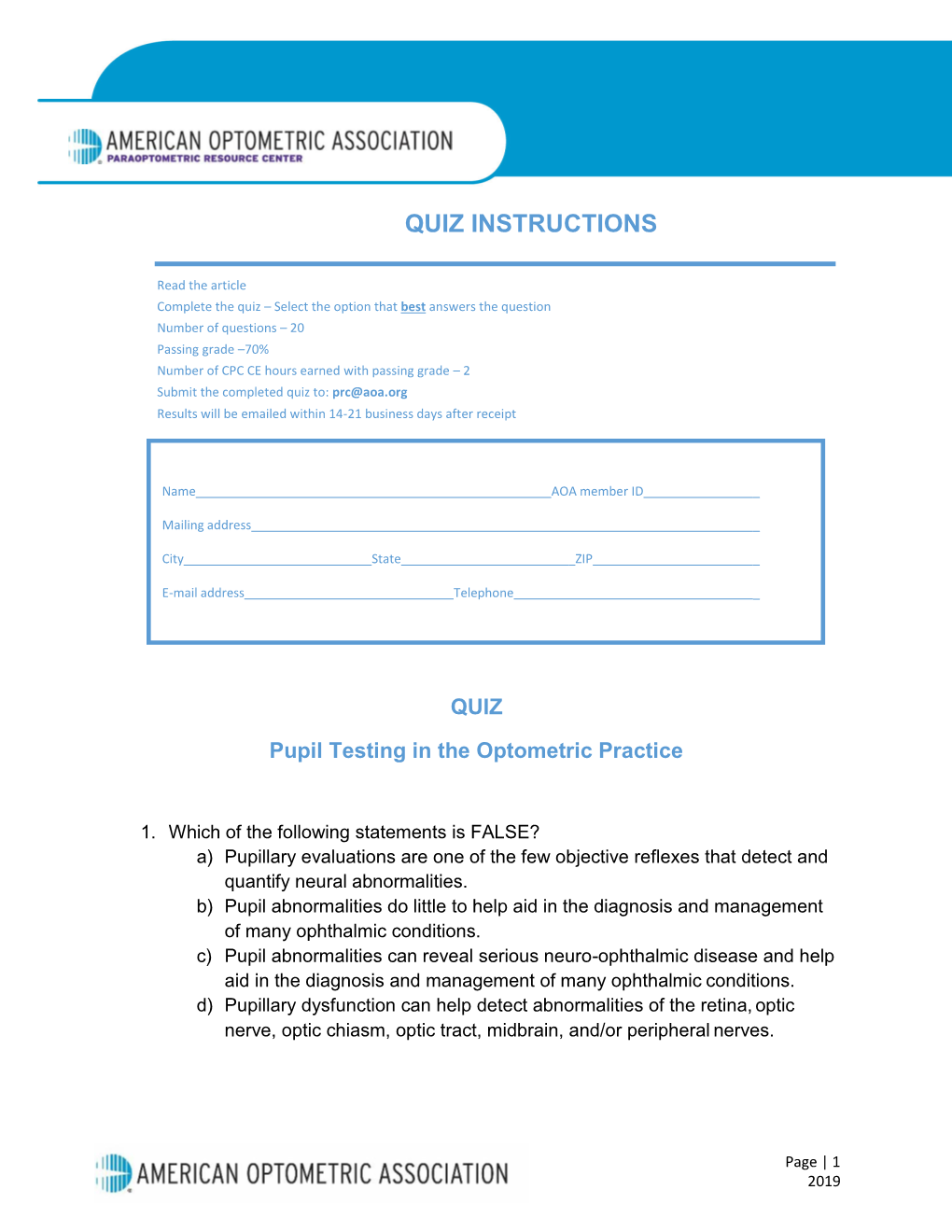 Quiz Instructions