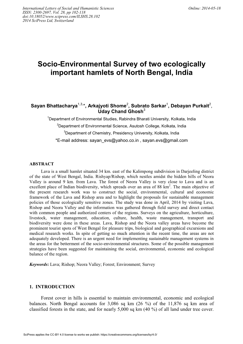 Socio-Environmental Survey of Two Ecologically Important Hamlets of North Bengal, India