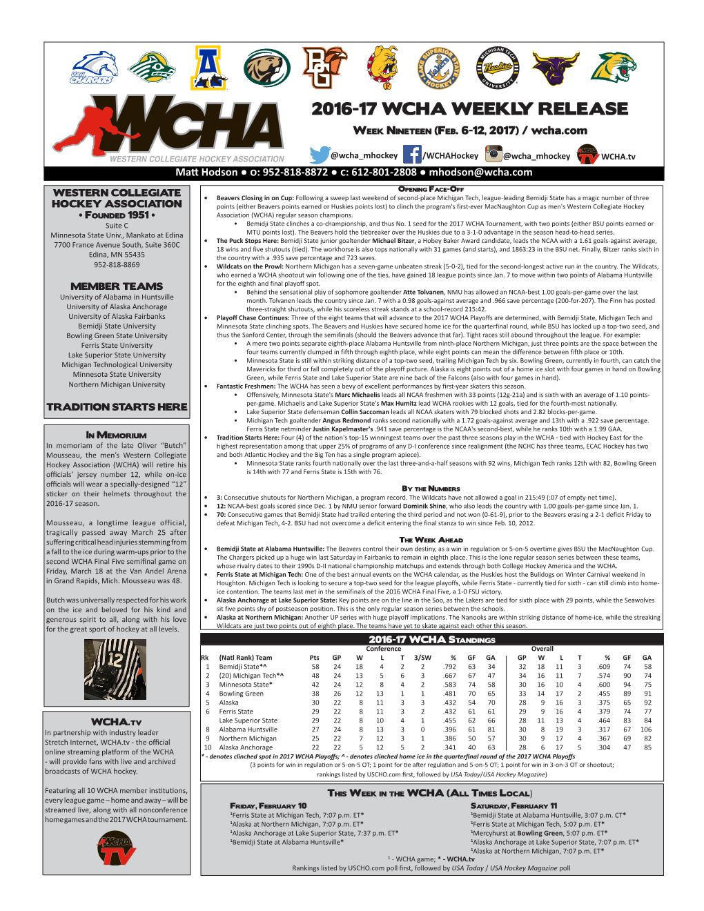 2016-17 WCHA WEEKLY RELEASE Week Nineteen (Feb