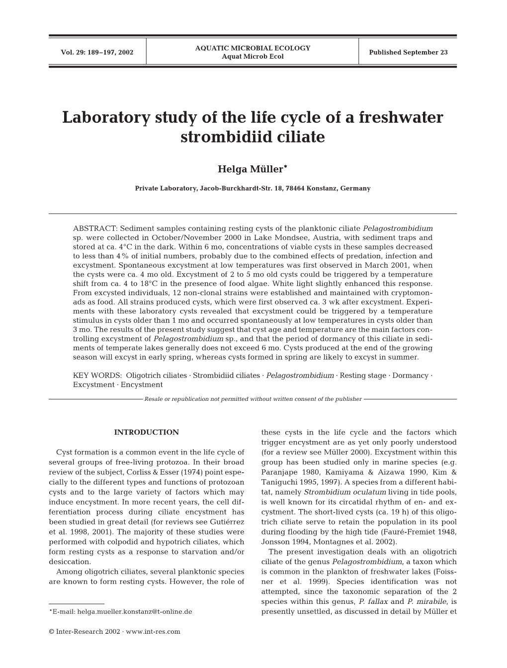 Laboratory Study of the Life Cycle of a Freshwater Strombidiid Ciliate