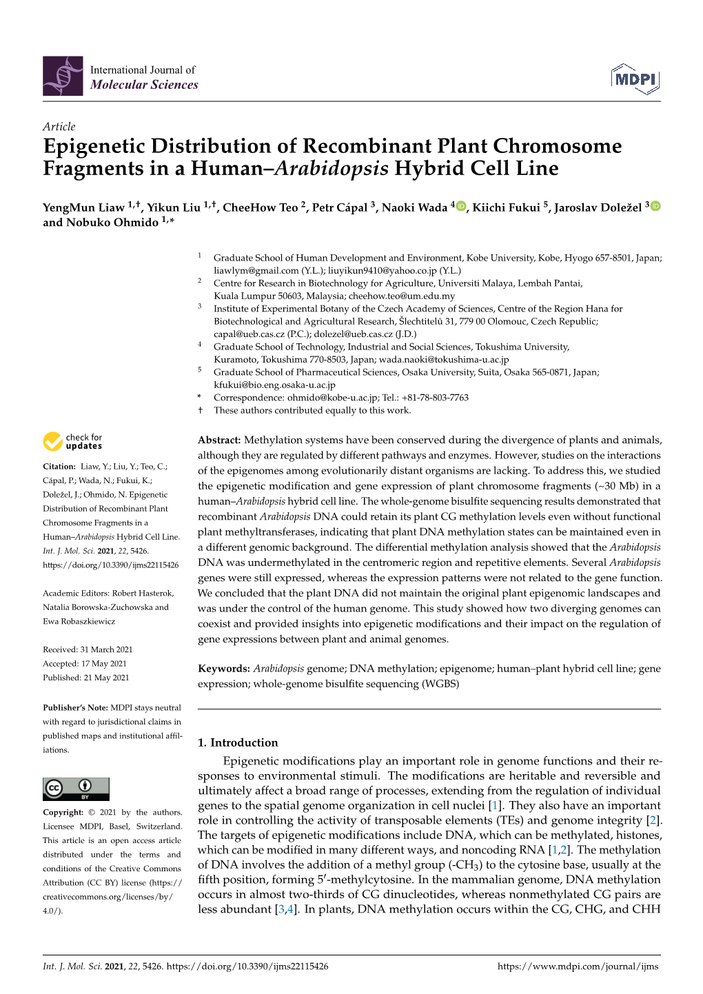 Epigenetic Distribution of Recombinant Plant Chromosome Fragments in a Human–Arabidopsis Hybrid Cell Line
