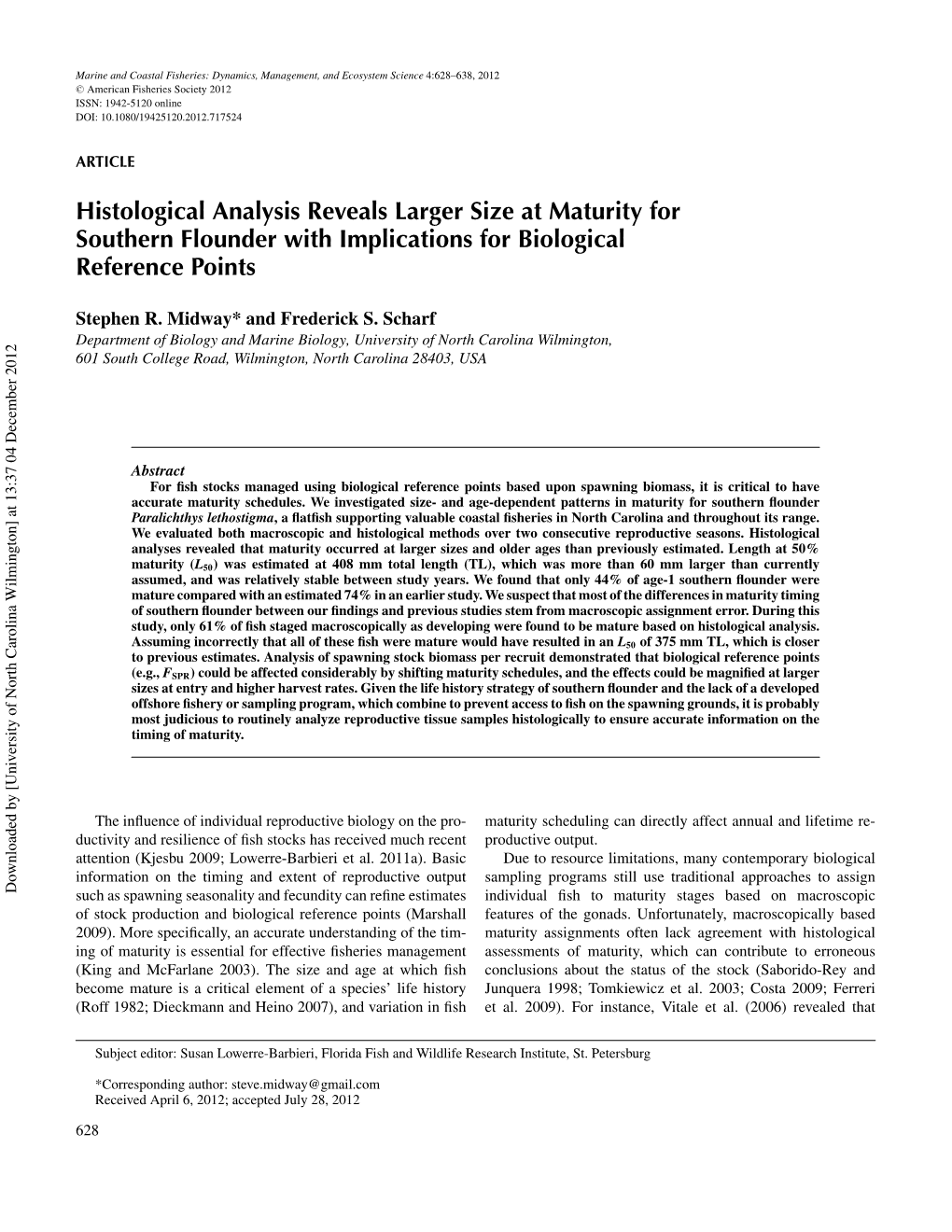 Histological Analysis Reveals Larger Size at Maturity for Southern Flounder with Implications for Biological Reference Points